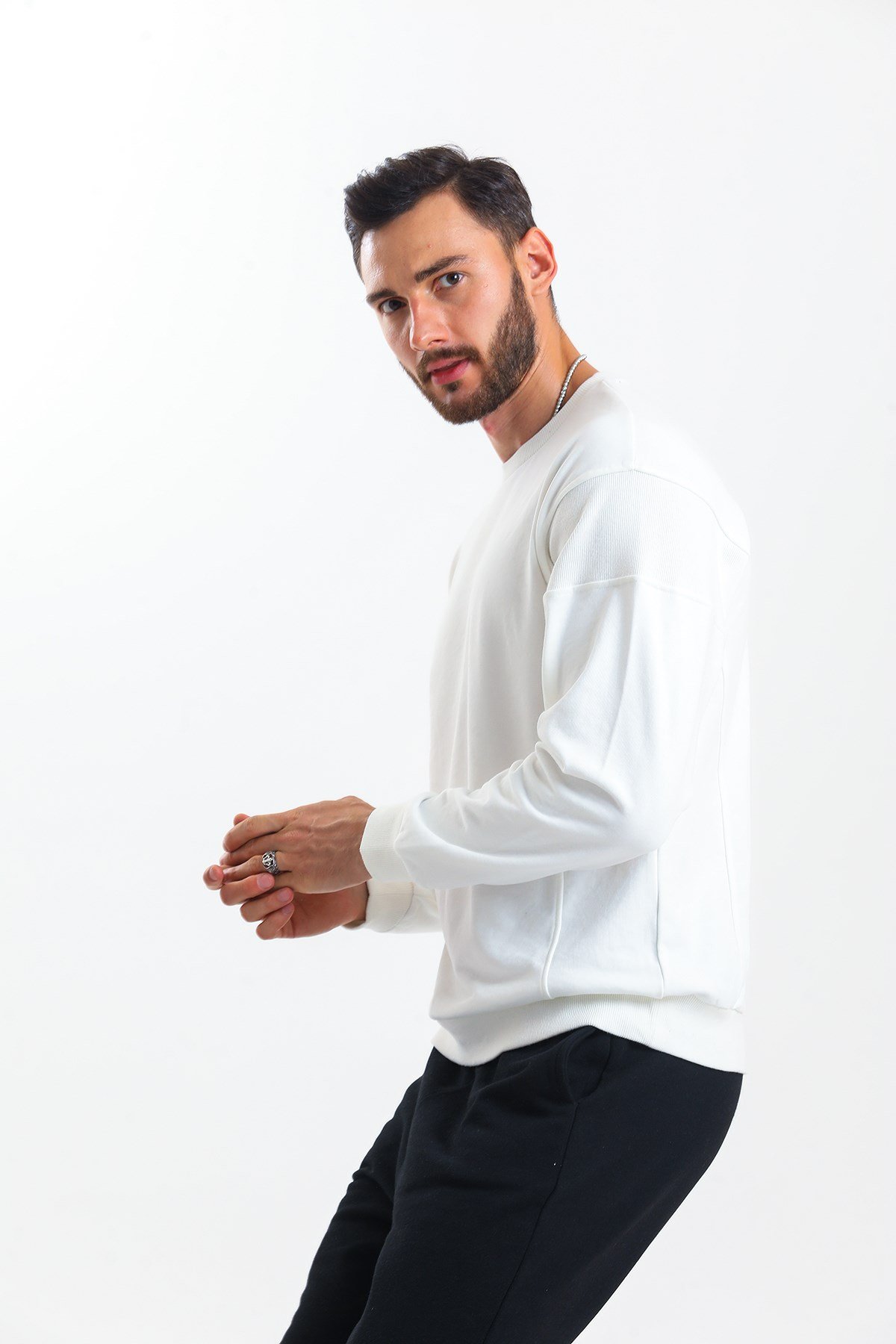 Ekru Parçalı Kaşkorse Detaylı Bisiklet Yaka Sweatshirt