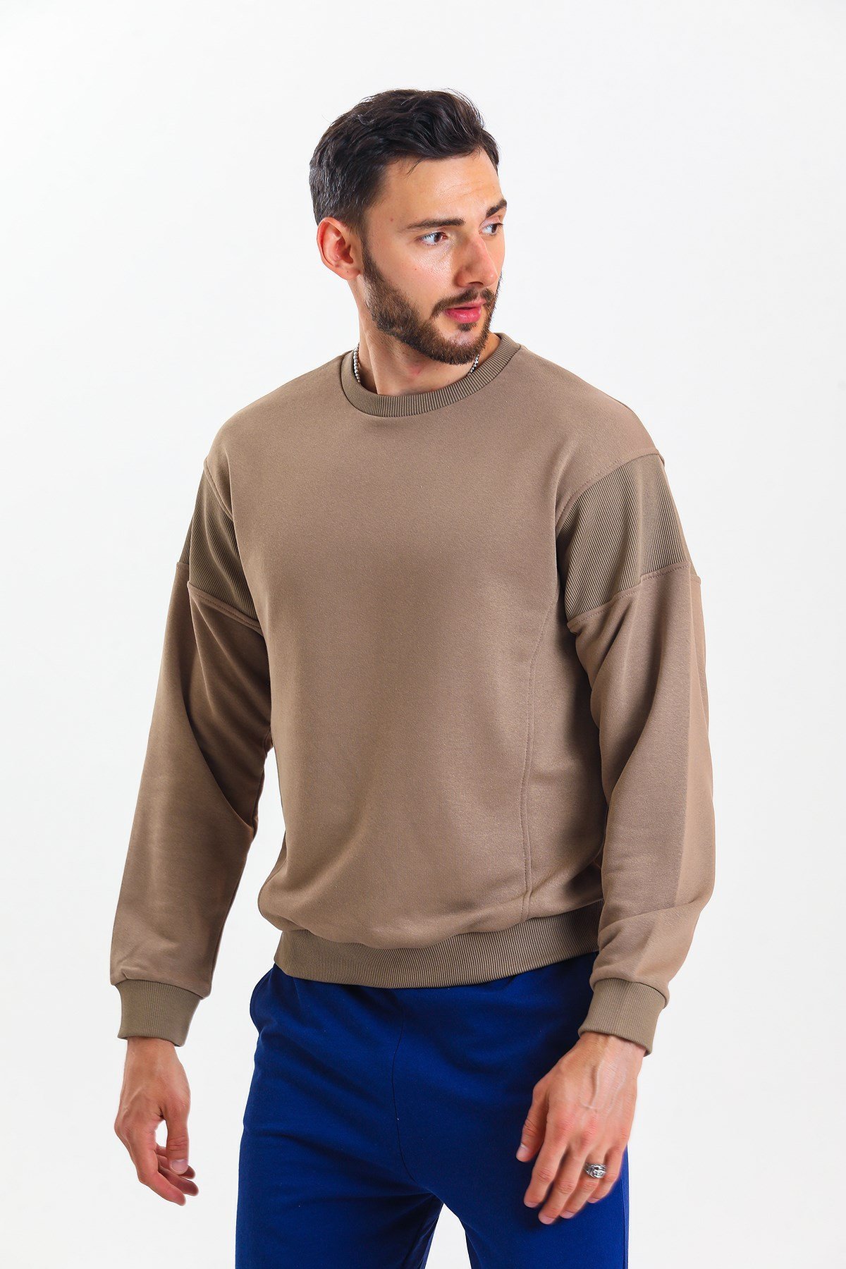 Kahverengi Parçalı Kaşkorse Detaylı Bisiklet Yaka Sweatshirt