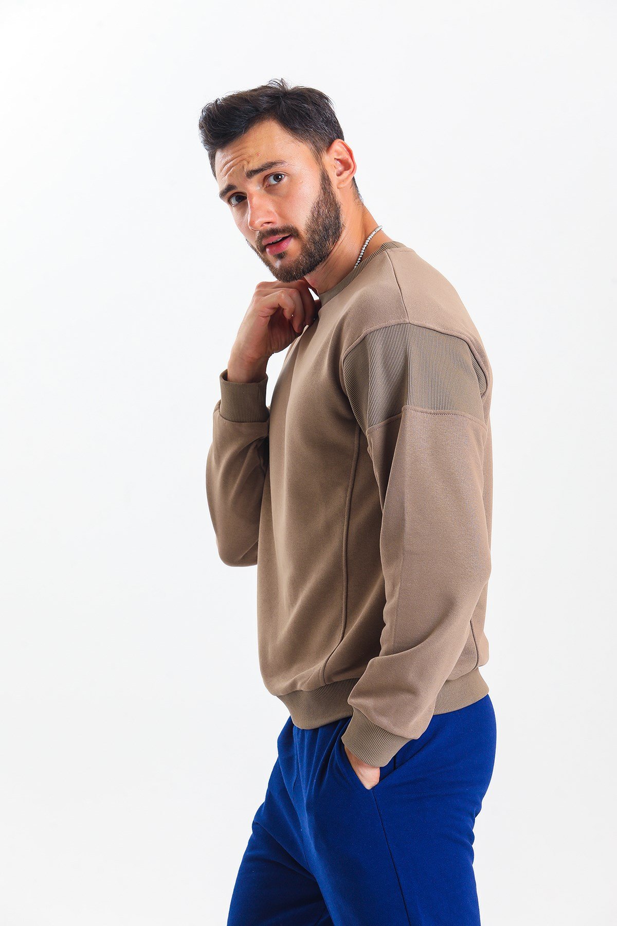 Kahverengi Parçalı Kaşkorse Detaylı Bisiklet Yaka Sweatshirt