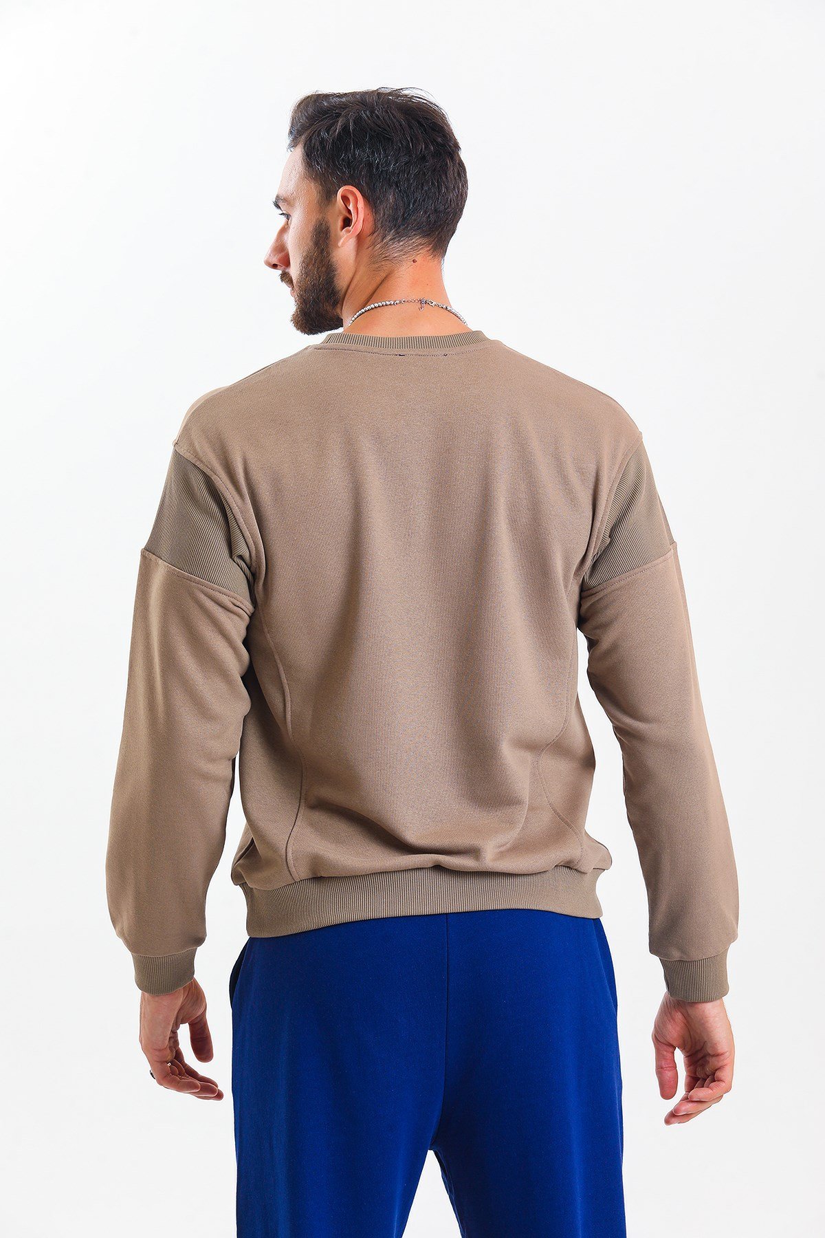 Kahverengi Parçalı Kaşkorse Detaylı Bisiklet Yaka Sweatshirt