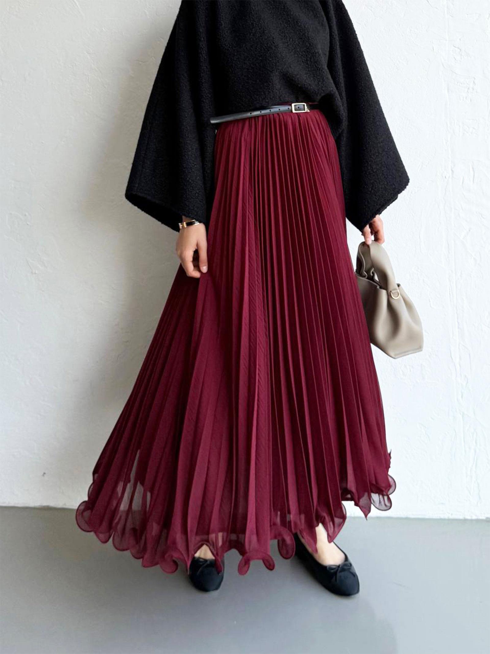 Bordo Şifon Pileli Etek