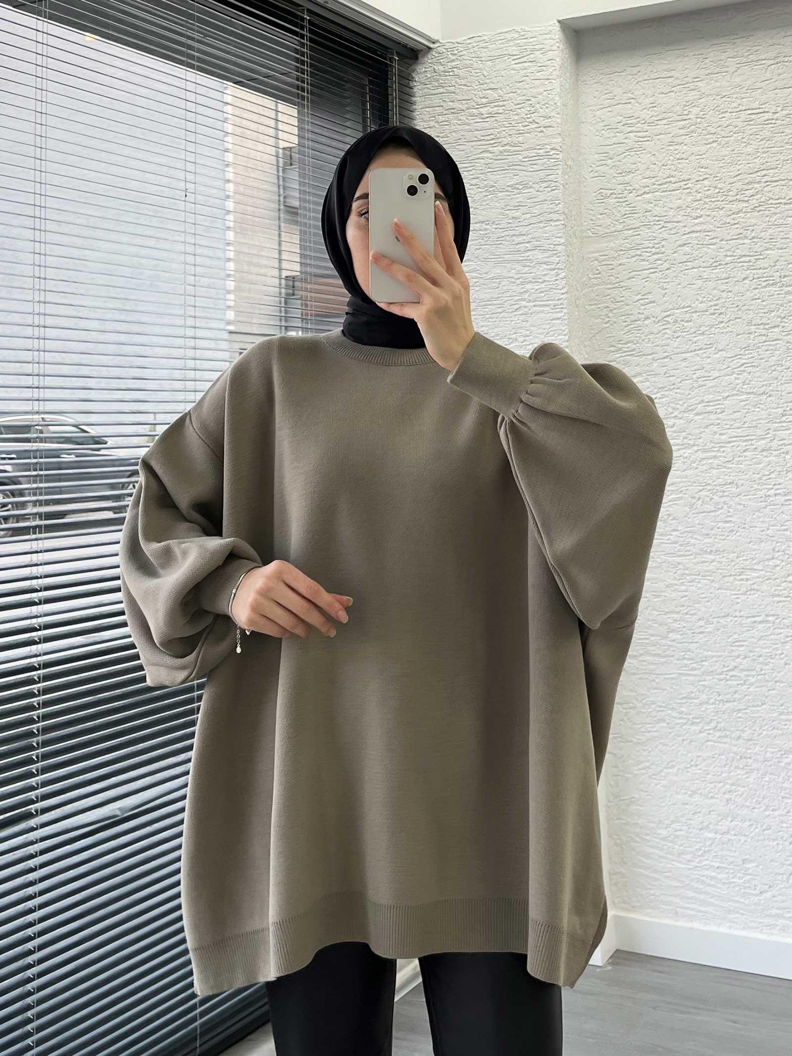 Haki Yarasa Kollu Oversize Kadın Kazak