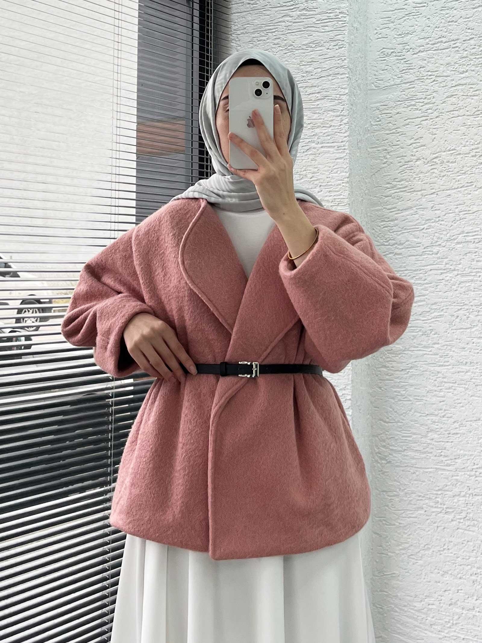 Pembe Kısa Oversize Kaşe Kaban