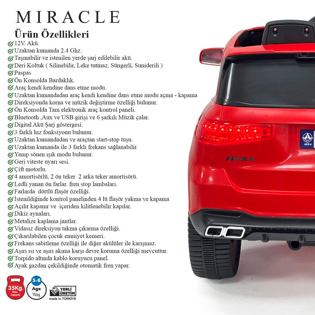 Akar Miracle GT Kırmızı Uzaktan Kumandalı 4X2 12 VOLT Akülü Araba