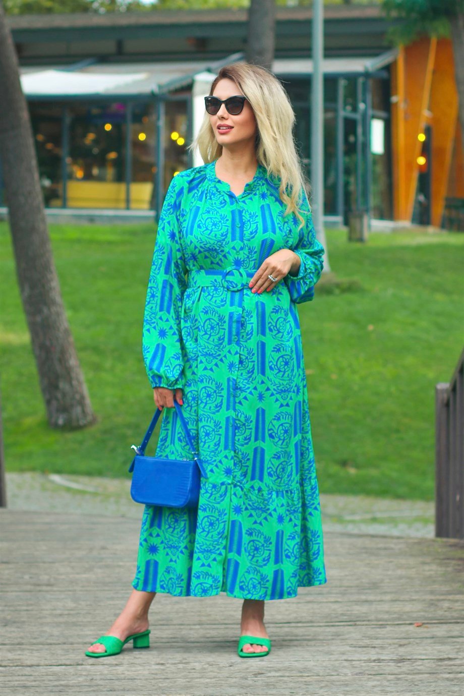 Prive Kadın Yeşil Kemerli Maxi Yazlık Elbise