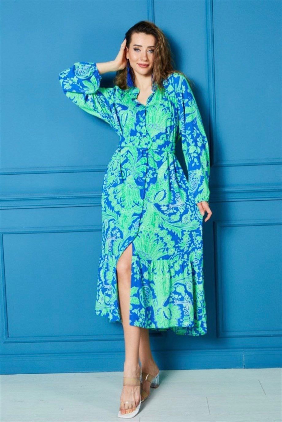 Prive Kadın Yeşil Mavi Kemerli Maxi Yazlık Elbise