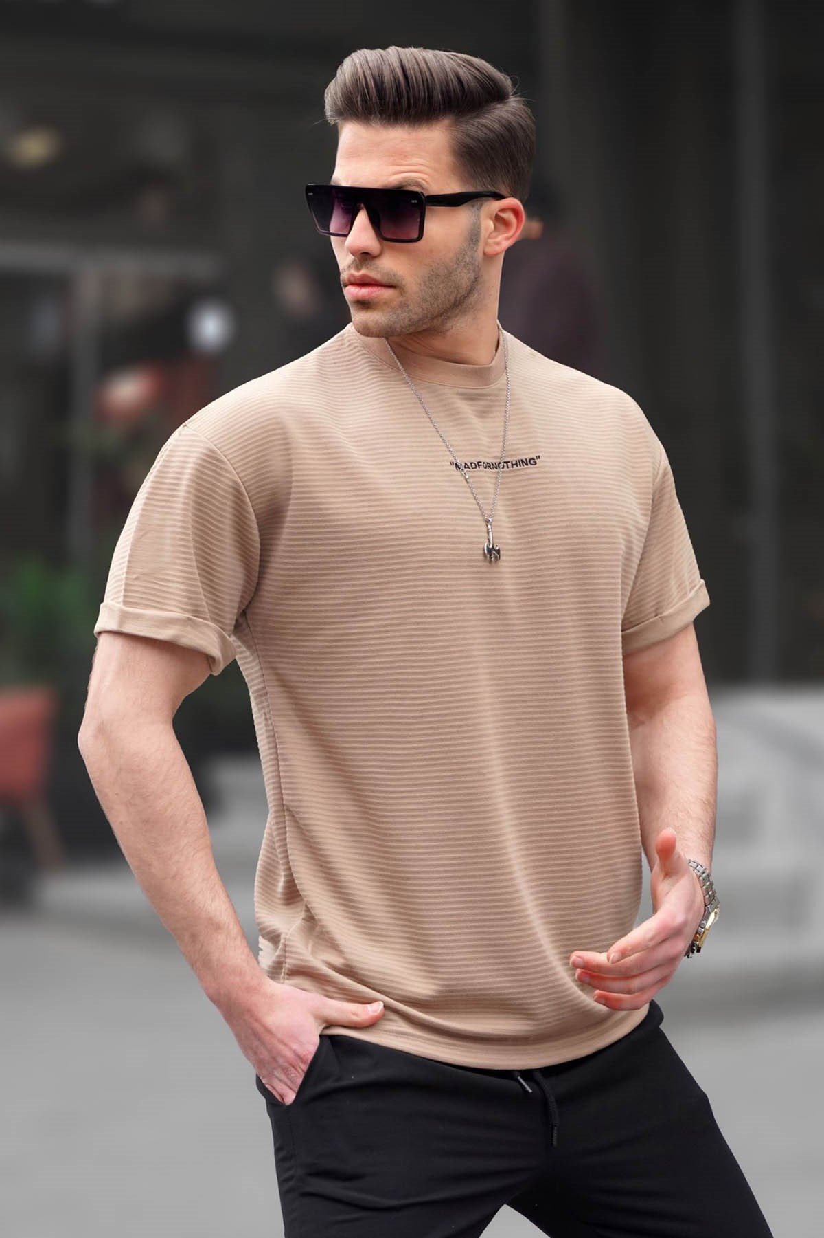 Açık Kahverengi Likralı Basic Erkek Tişört 6060- Madmext