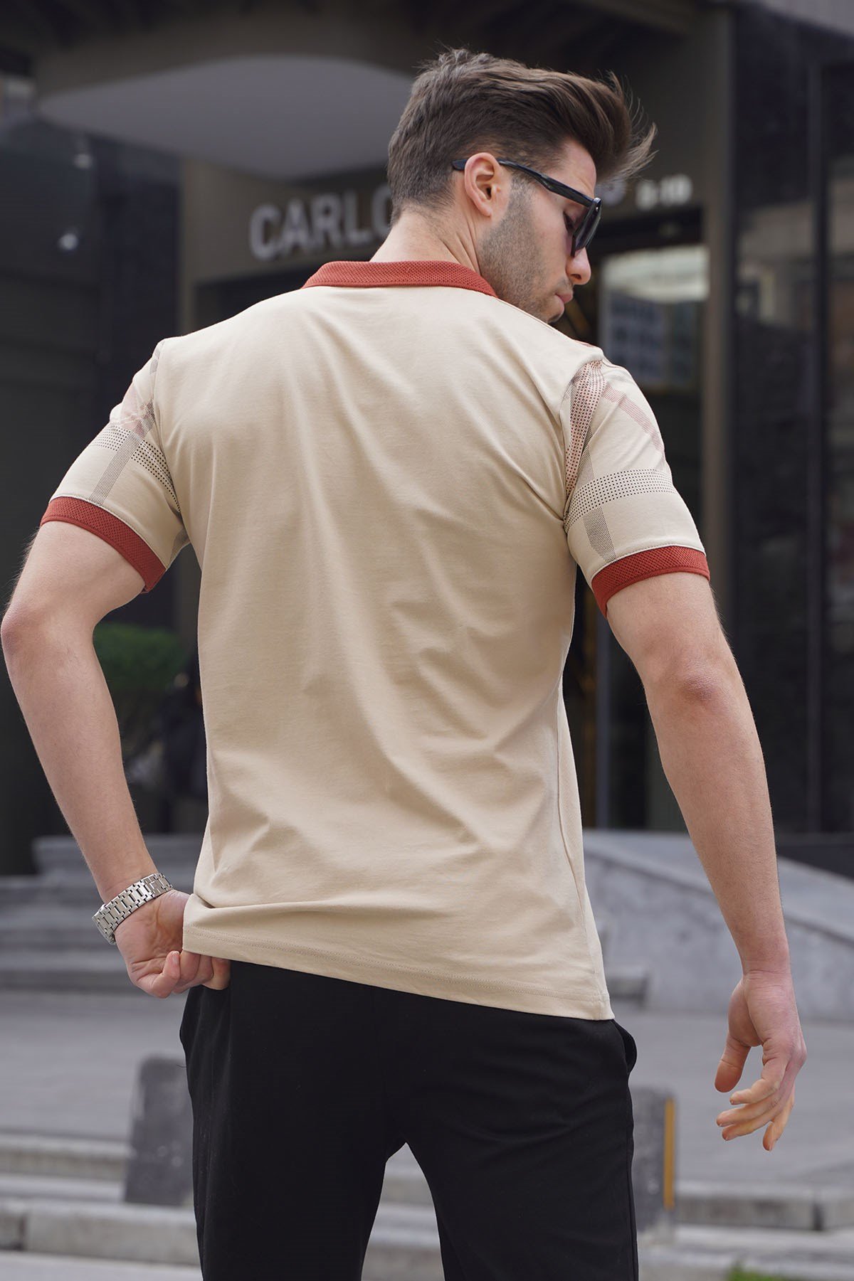 Bej Desenli Polo Yaka Erkek Tişört - Madmext