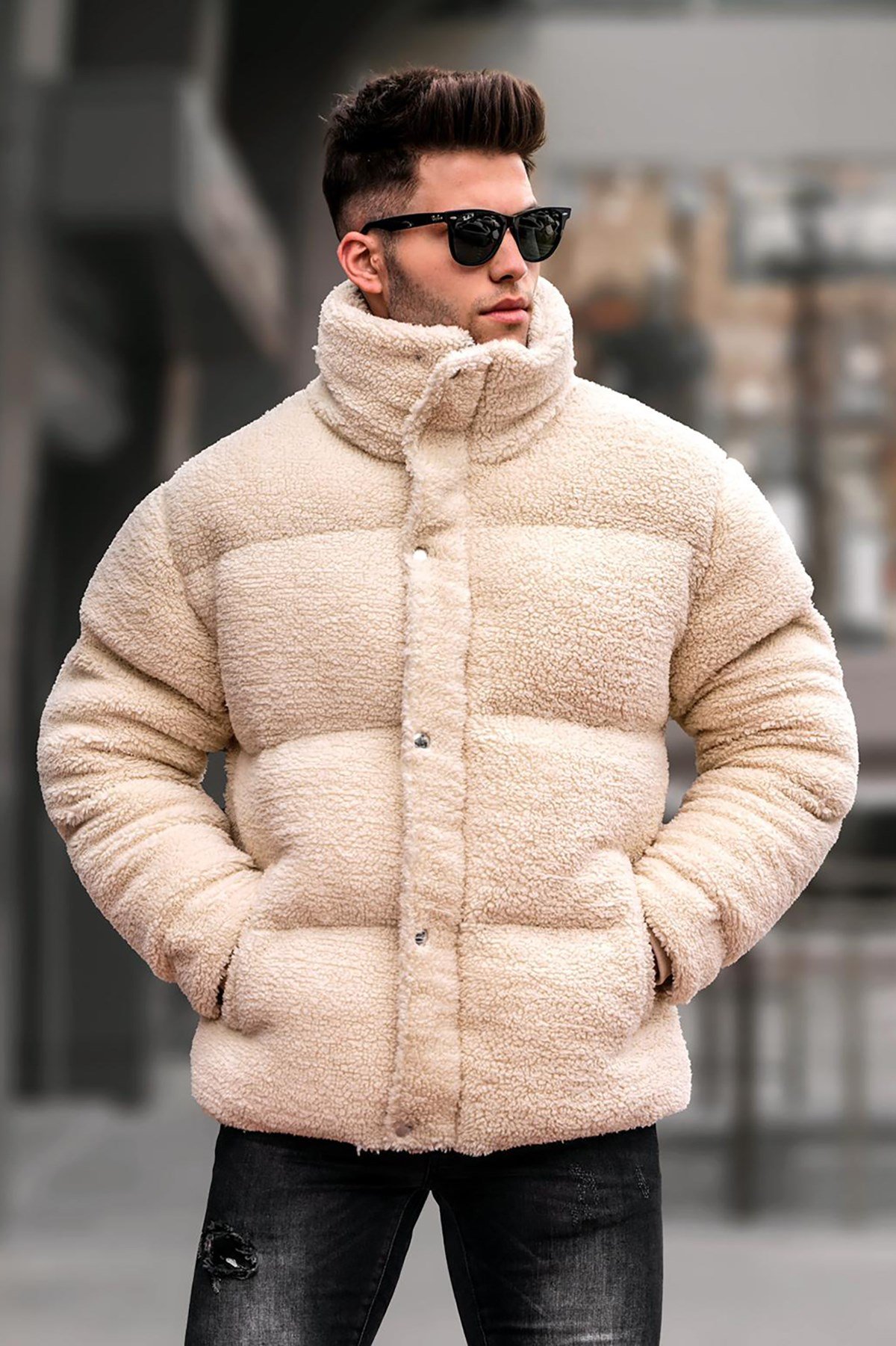 Men Beige Puffer Fur Jacket -- Madmext