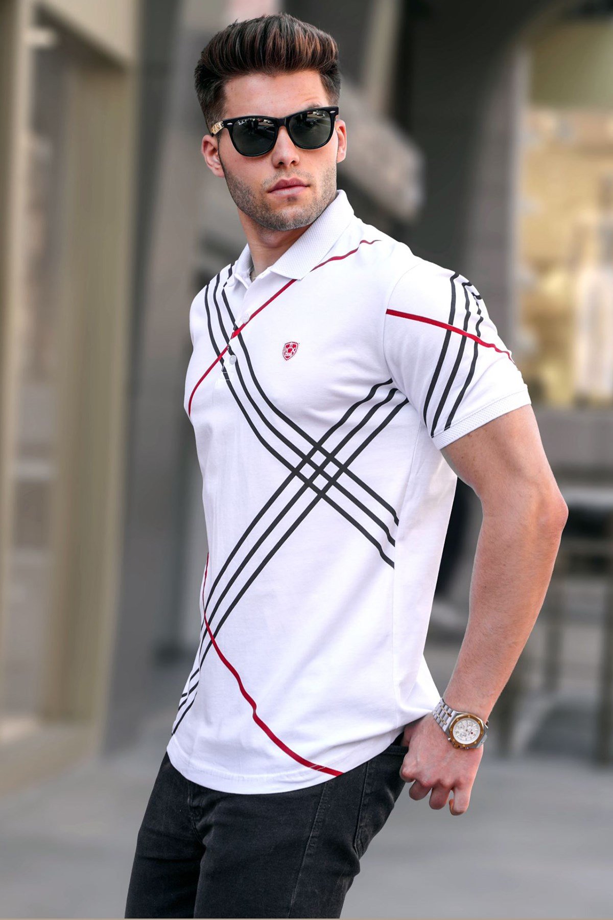 Men Designed White Polo T-Shirt -- Madmext