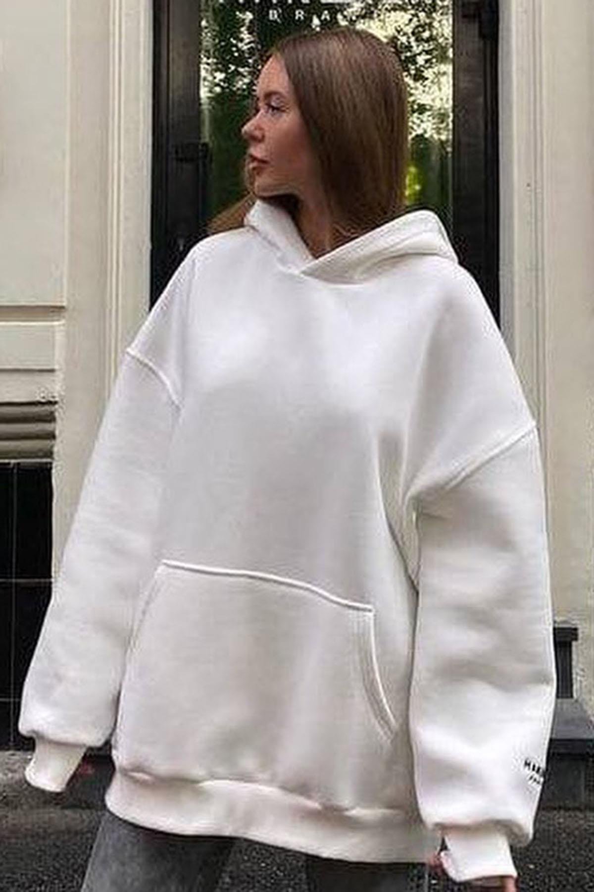 Beyaz Kapüşonlu Şardonlu Oversize Sweatshirt - Madmext