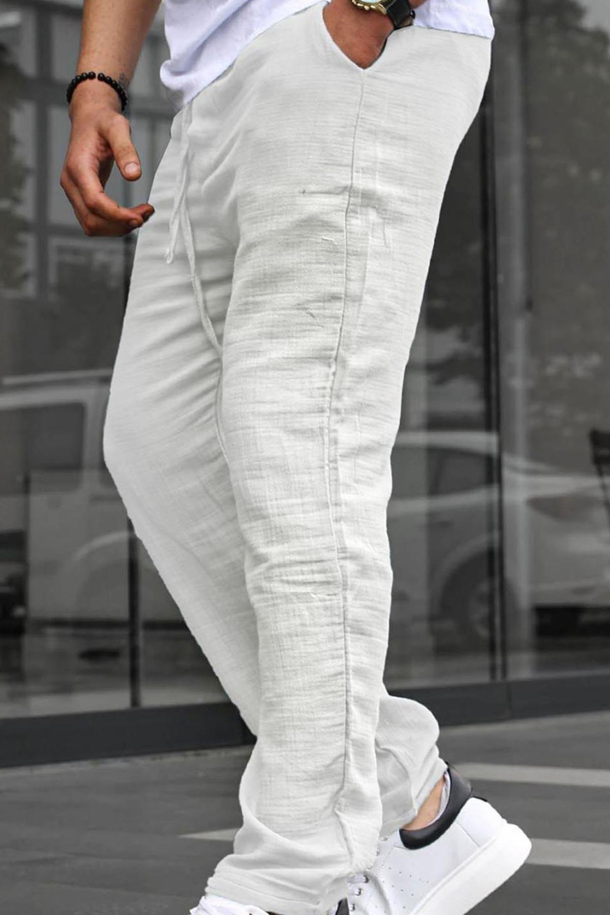 Beyaz Müslin Kumaş Erkek Basic Pantolon - Madmext