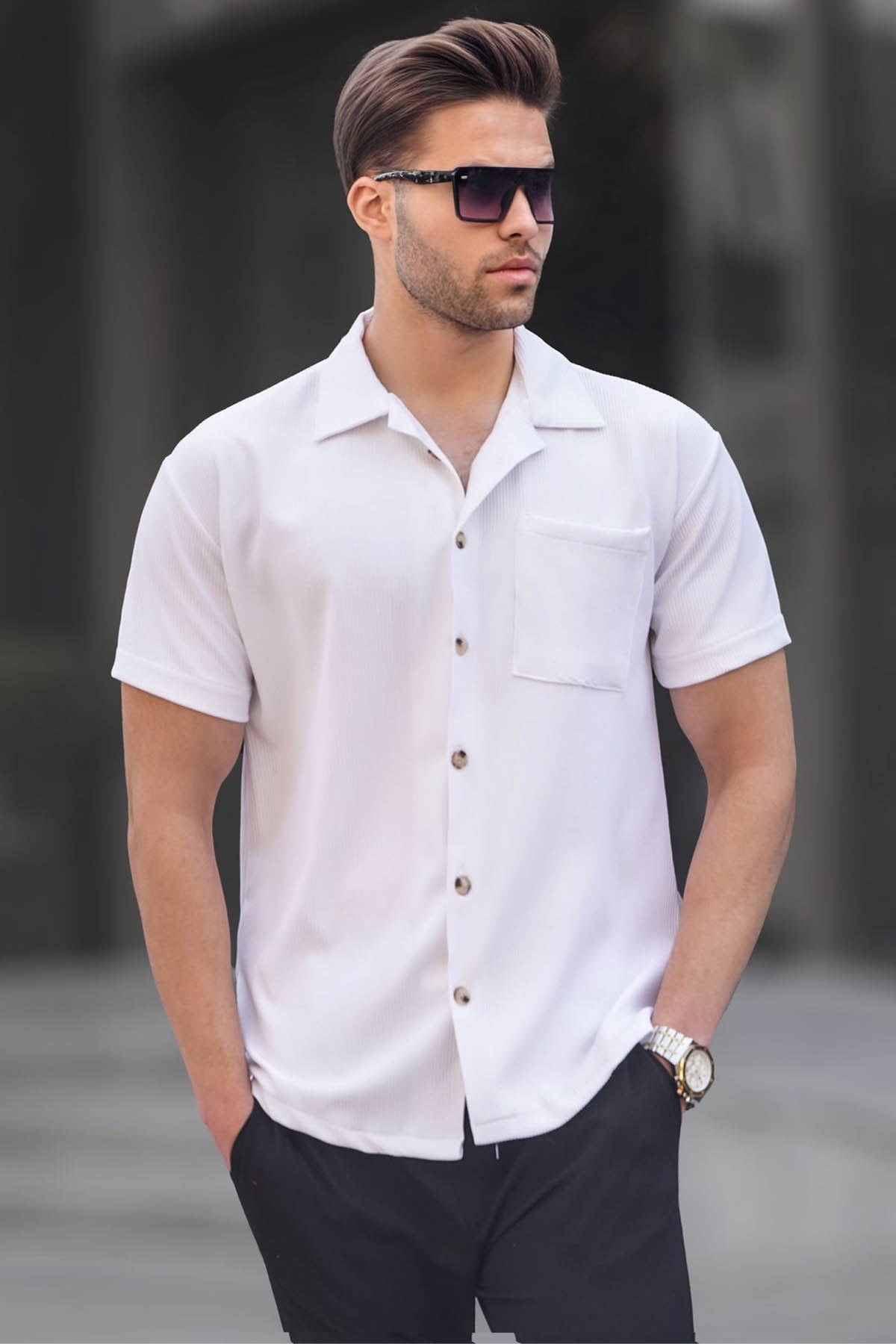 Beyaz Regular Fit Fitilli Erkek Kısa Kol Gömlek 6370- Madmext