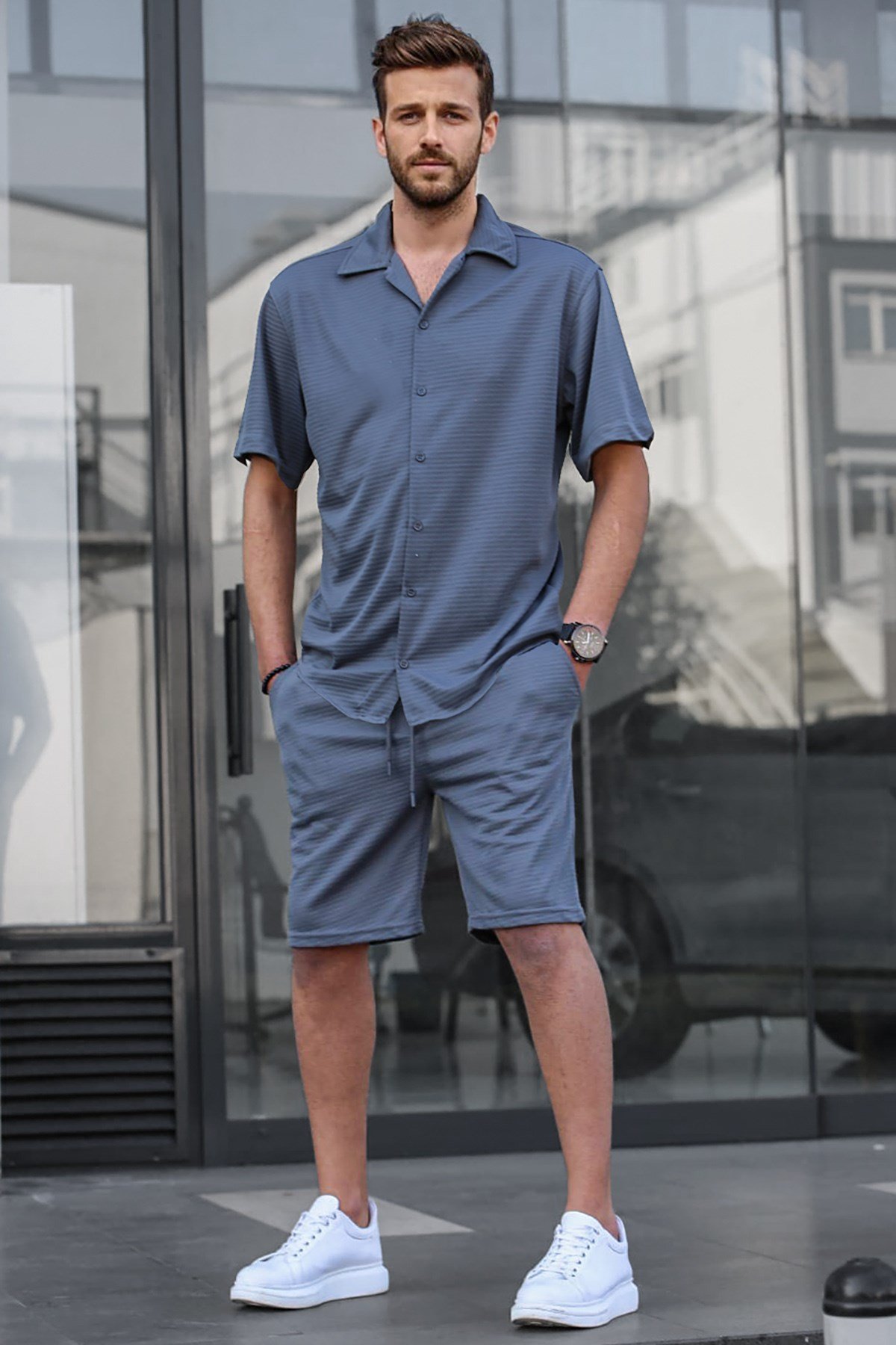 Erkek Füme Basic Oversize Gömlek Takımı -Madmext
