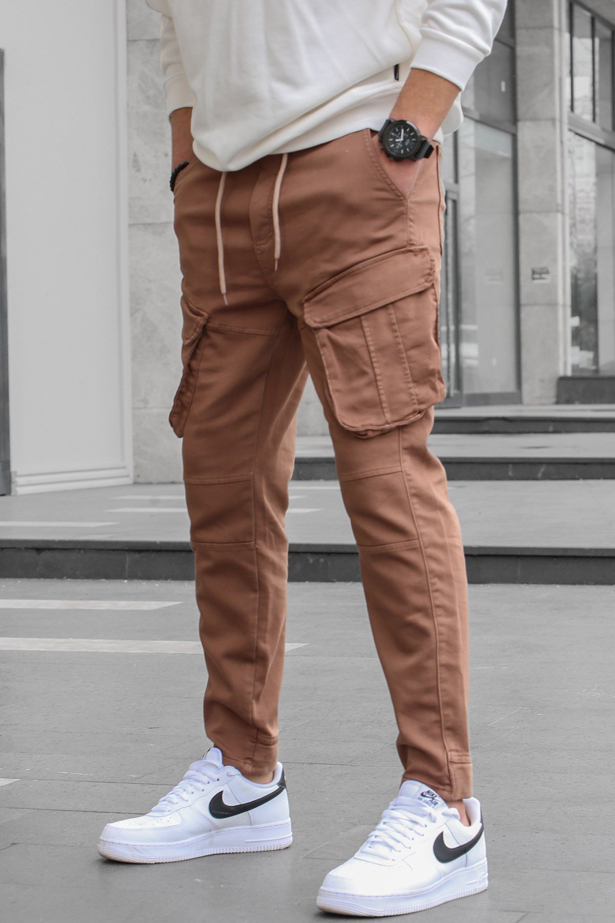 Erkek Kahverengi Slim Fit Kargo Cep Pantolon - Madmext
