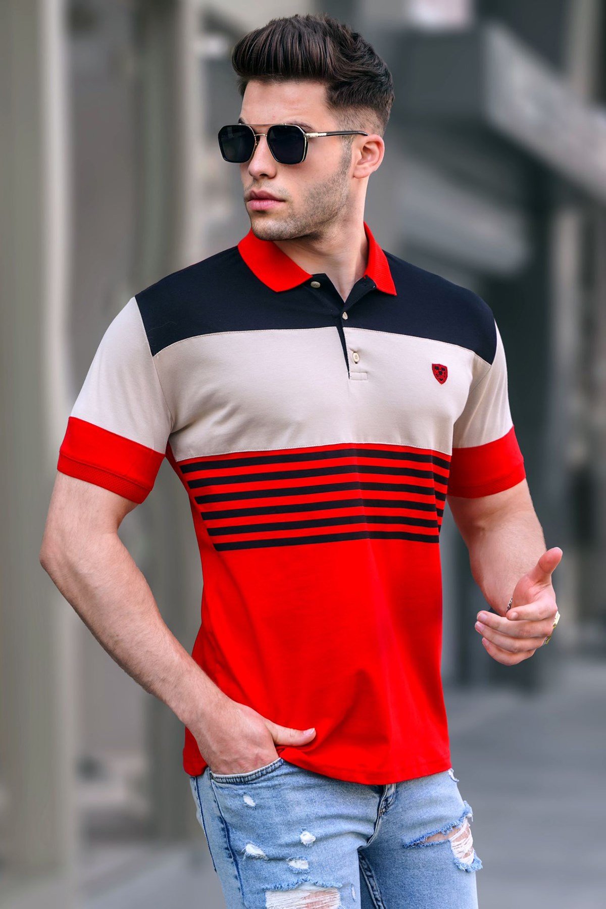 Men Striped Red Polo T-Shirt -- Madmext