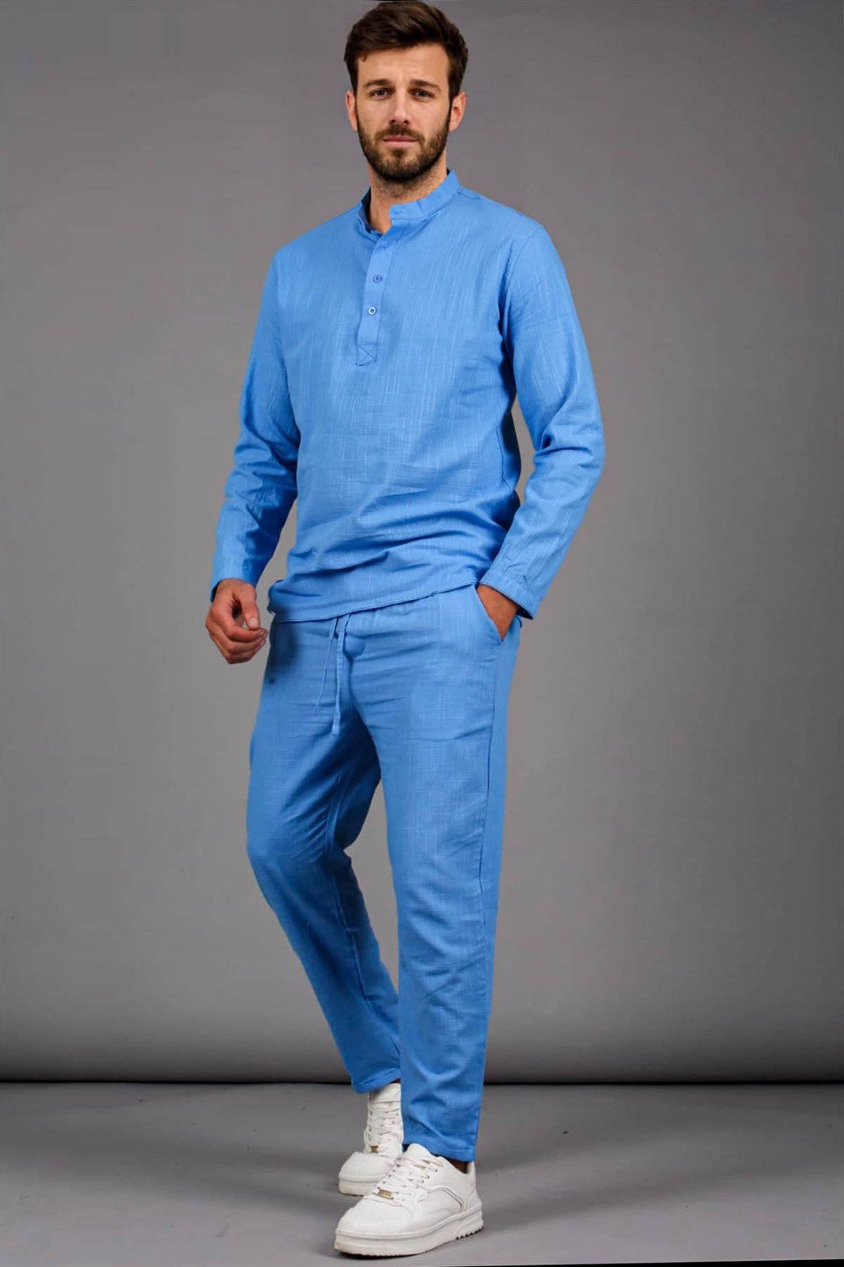 Erkek Mavi Keten Relaxed Fit Gömlek Pantolon Takımı- Madmext