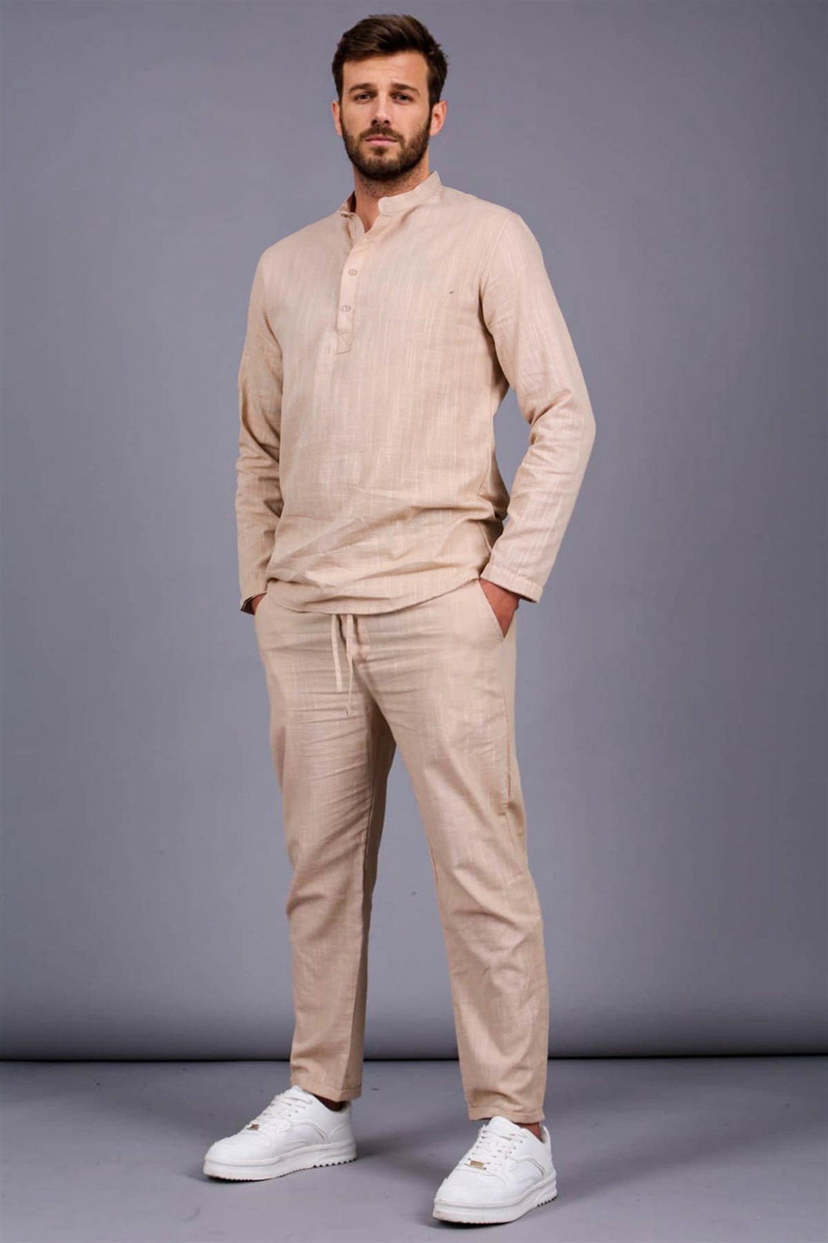Erkek Vizon Keten Relaxed Fit Gömlek Pantolon Takımı- Madmext