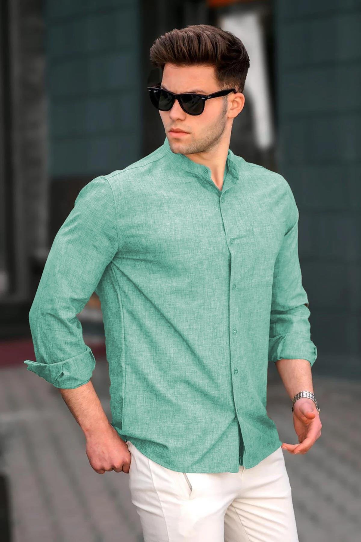Erkek Yeşil Keten Düz Uzun Kollu Gömlek - Madmext