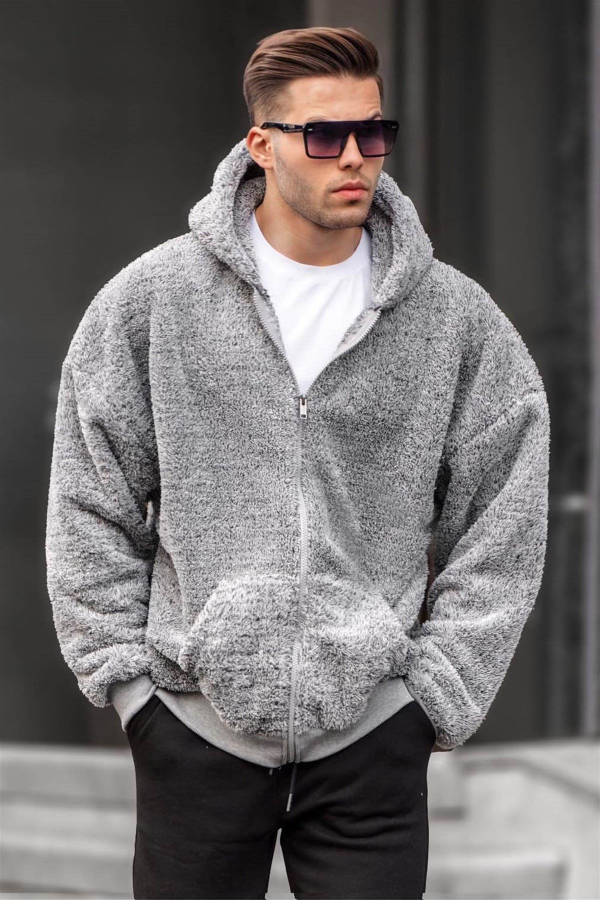 Gray Fur Over Fit Zip Hoodie Sweatshirt -- Madmext