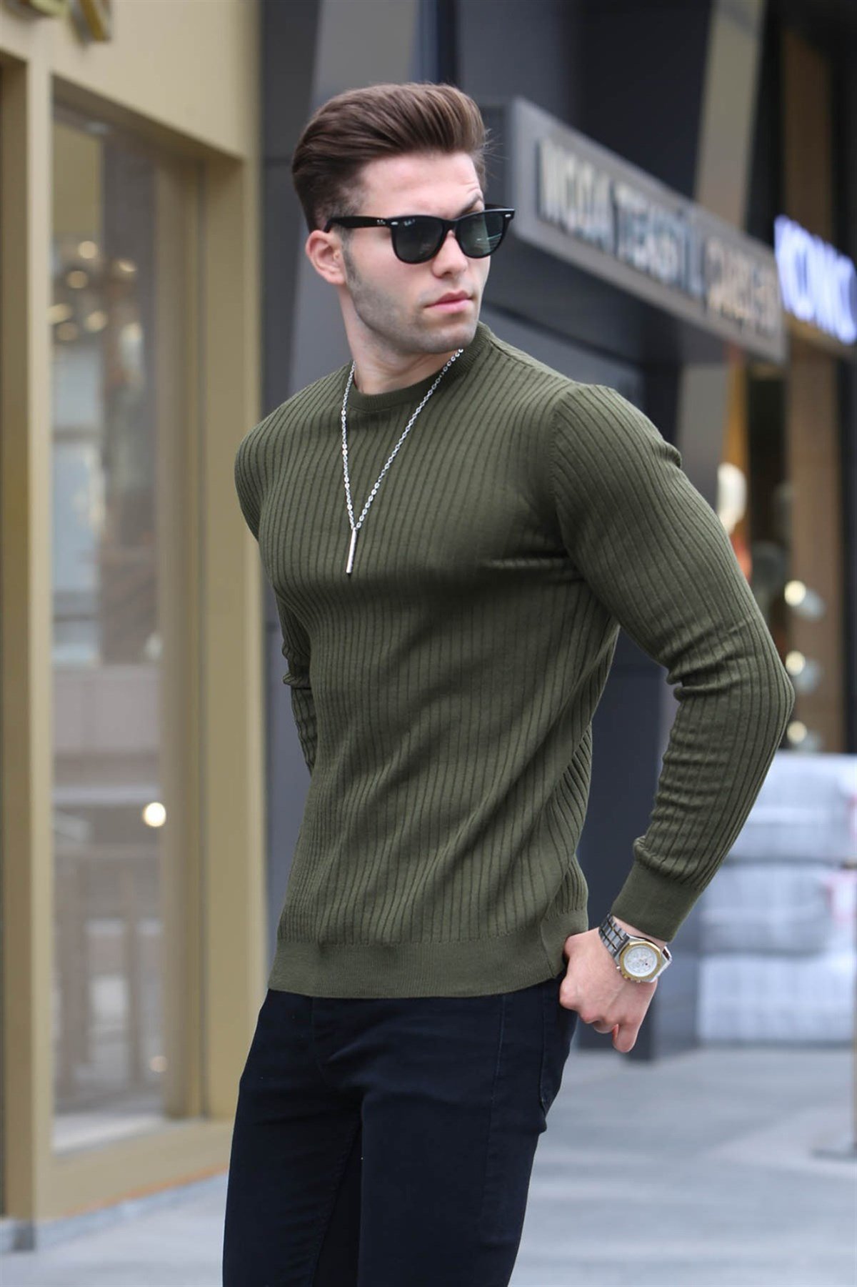 Olive green top sweater outfit mens