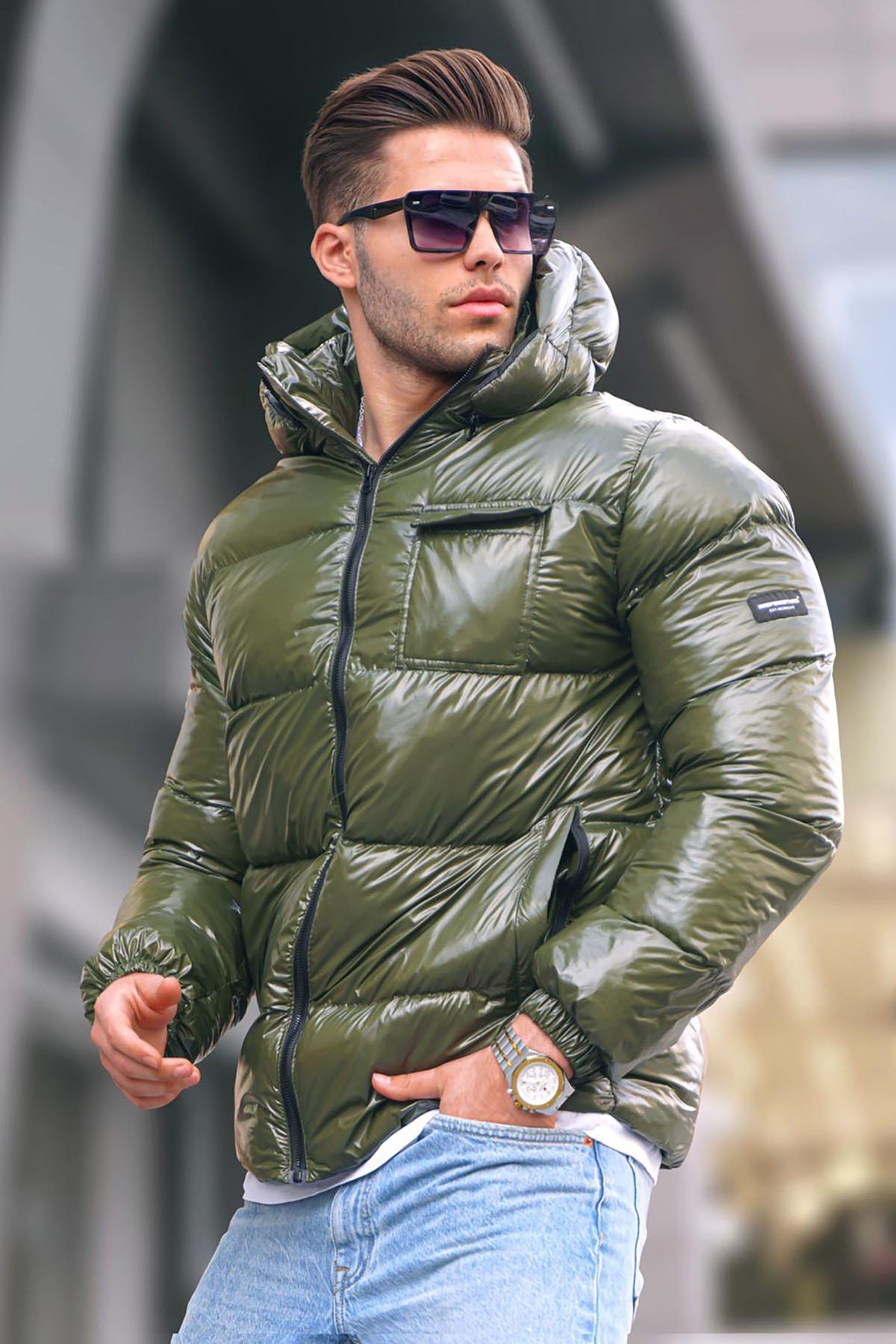 Khaki Shiny Basic Puffer Jacket Madmext