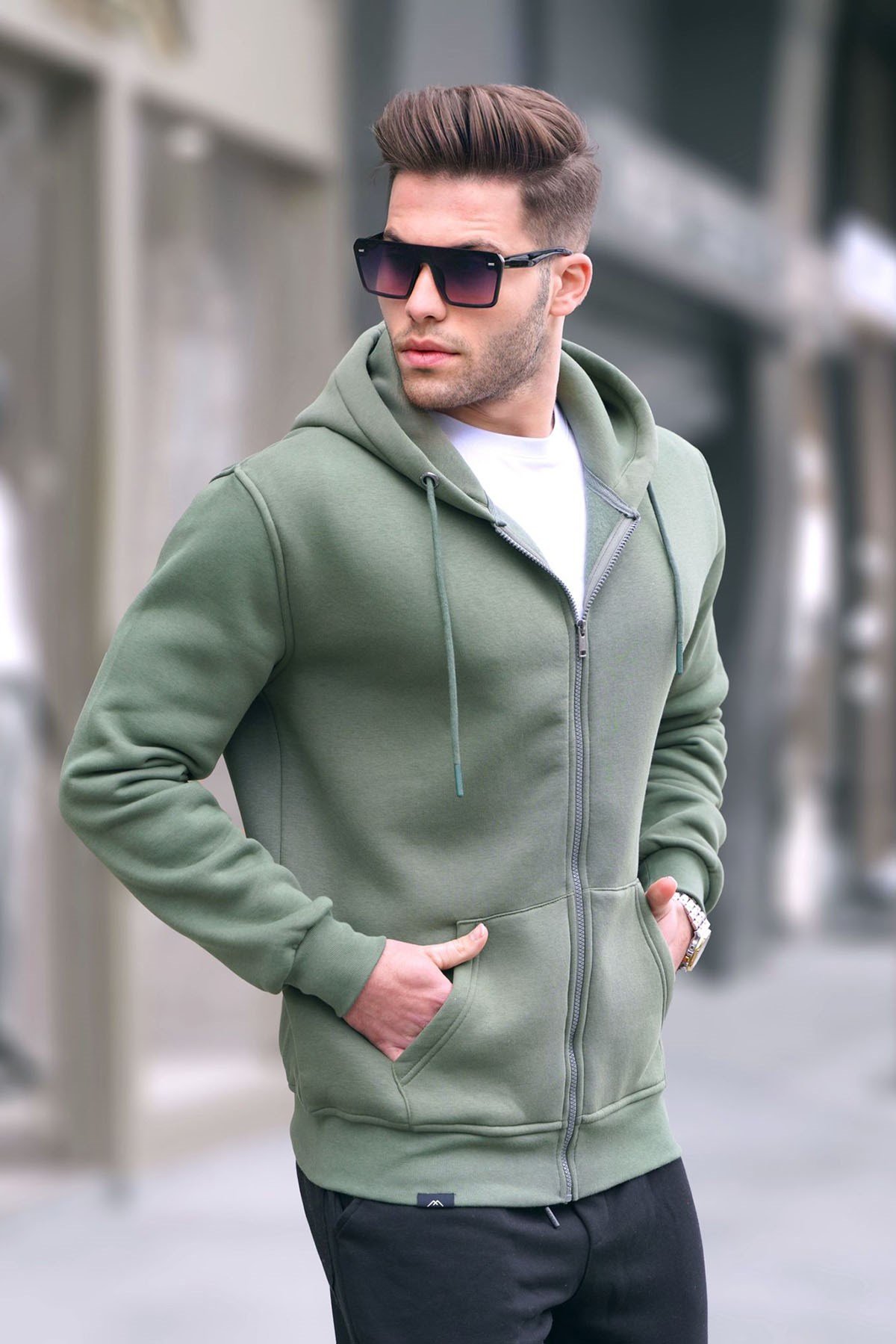 Khaki Green Regular Fit Hoodie Sweatshirt -- Madmext