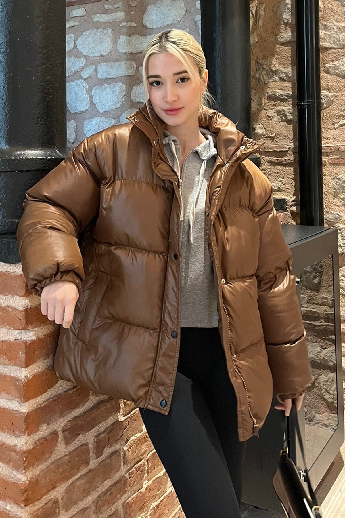 Brown Basic Oversize Puffer Jacket -- Mad Girl -- Madmext