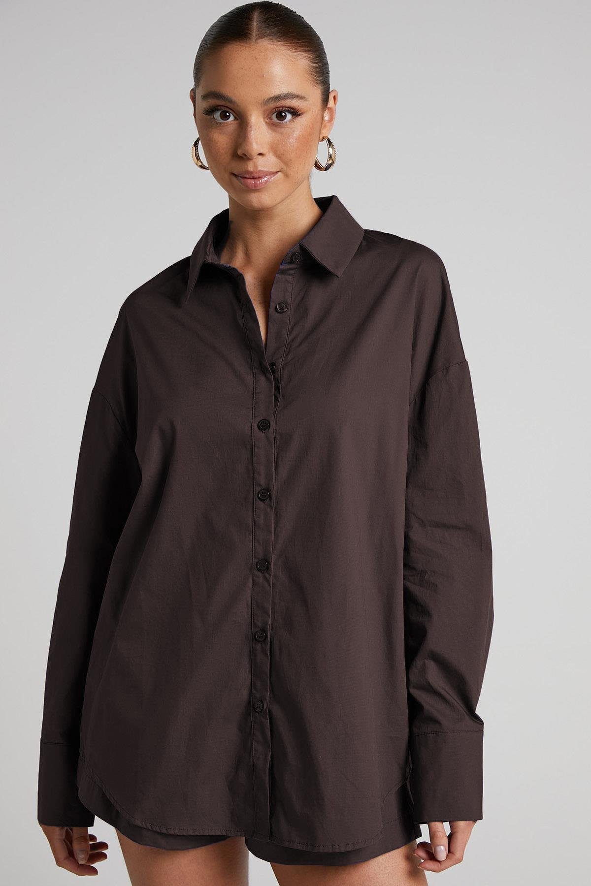 Kahverengi Oversize Basic Kadın Gömlek - Madmext