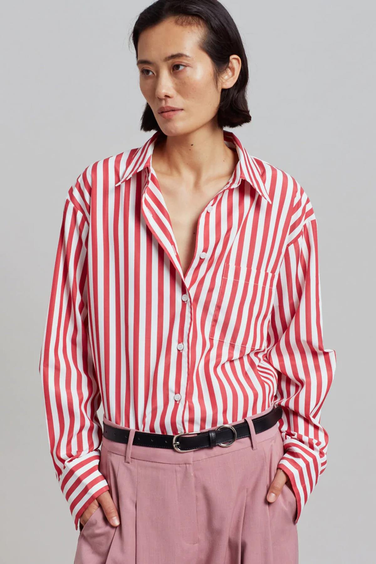 Kırmızı Çizgili Oversize Kadın Gömlek - Madmext