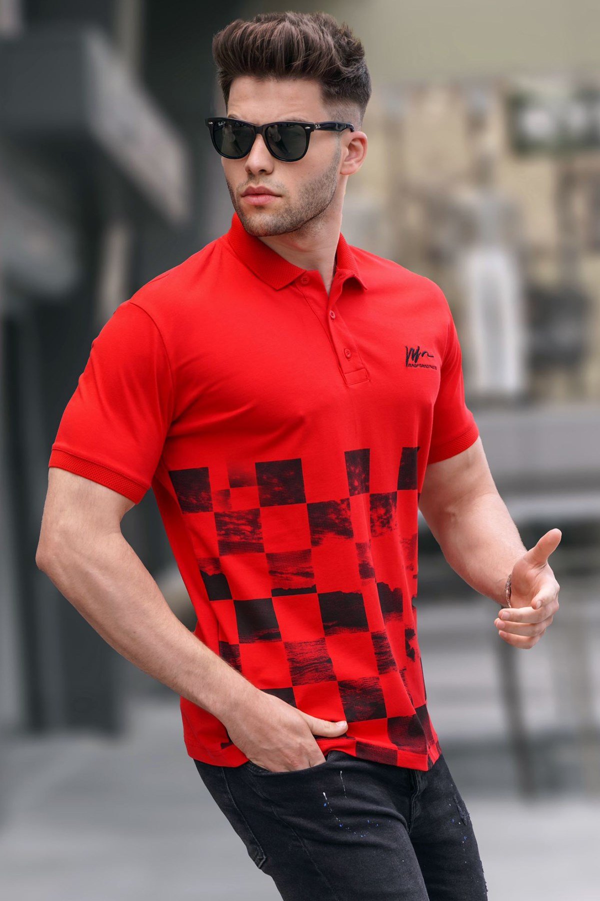 Kırmızı Desenli Erkek Polo Yaka Tişört - Madmext