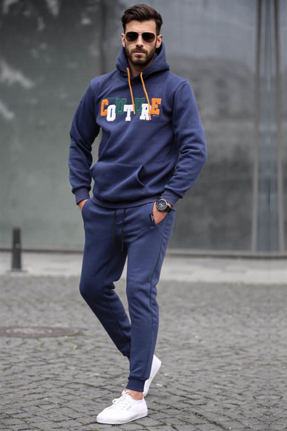 Navy Blue Embroidered Sweatshirt Jogger Tracksuit -- Madmext