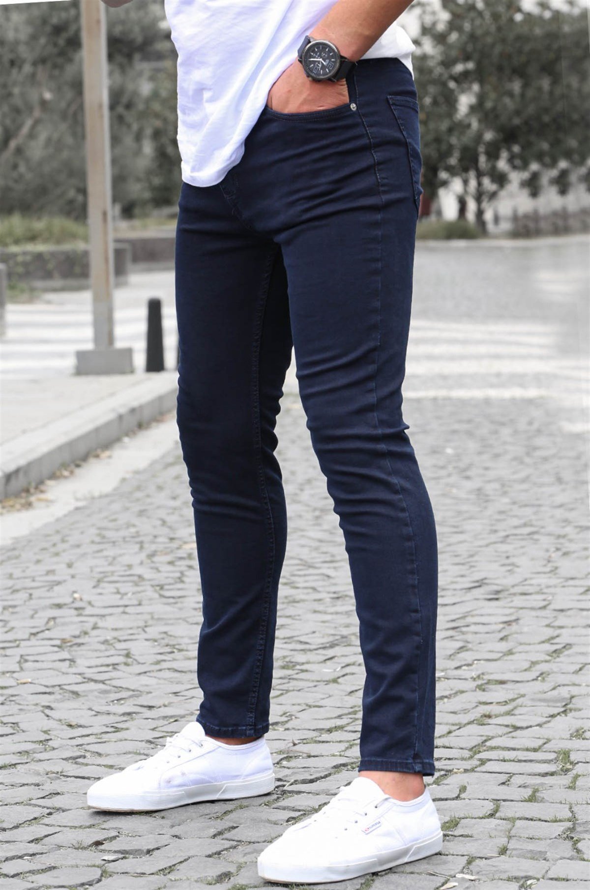 Navy Blue Skinny Fit Jeans -- Madmext