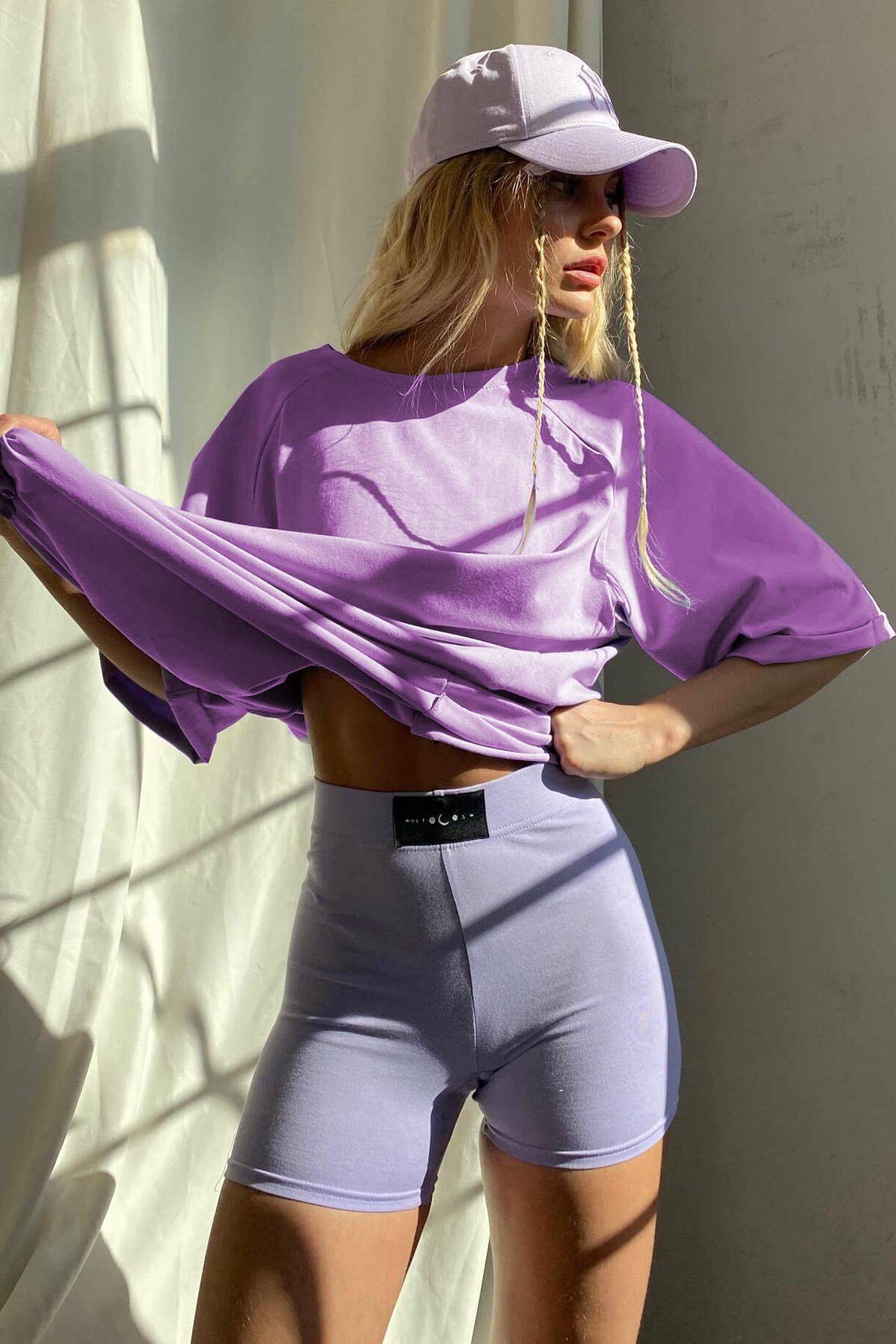 Lila Oversize Basic Kadın Tişört- Madmext