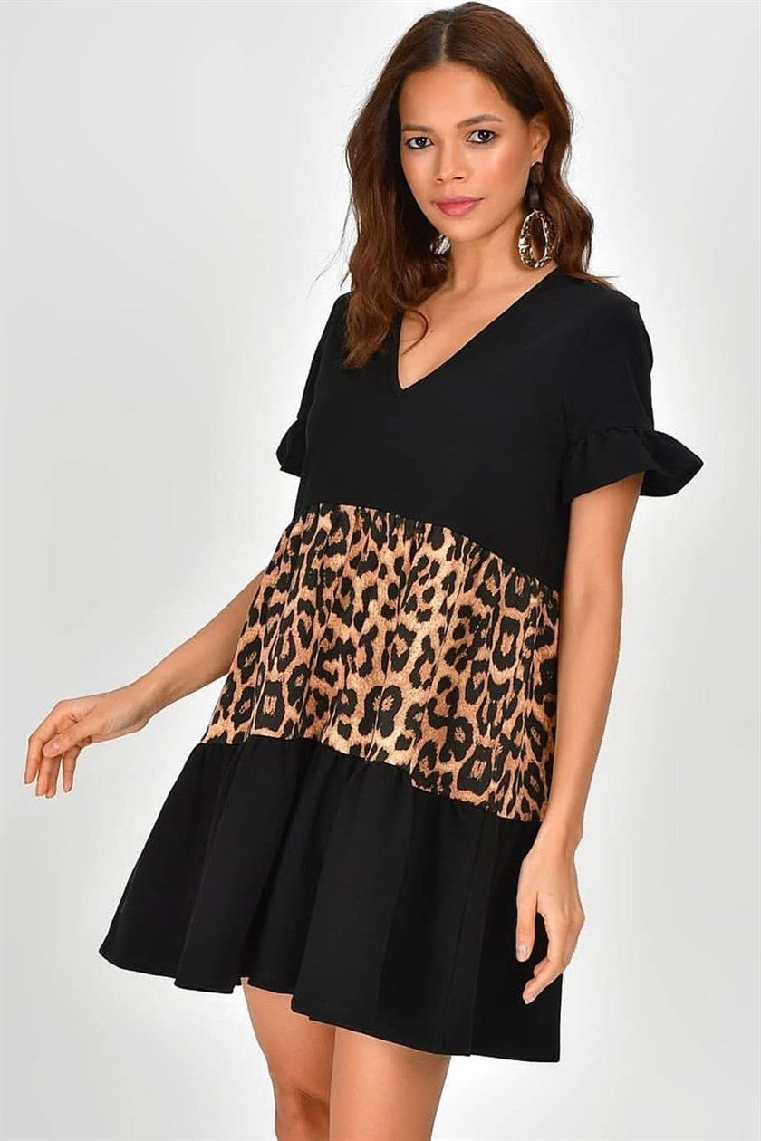 Mad Girls Black Leopard Patterned V-neck Block Dress