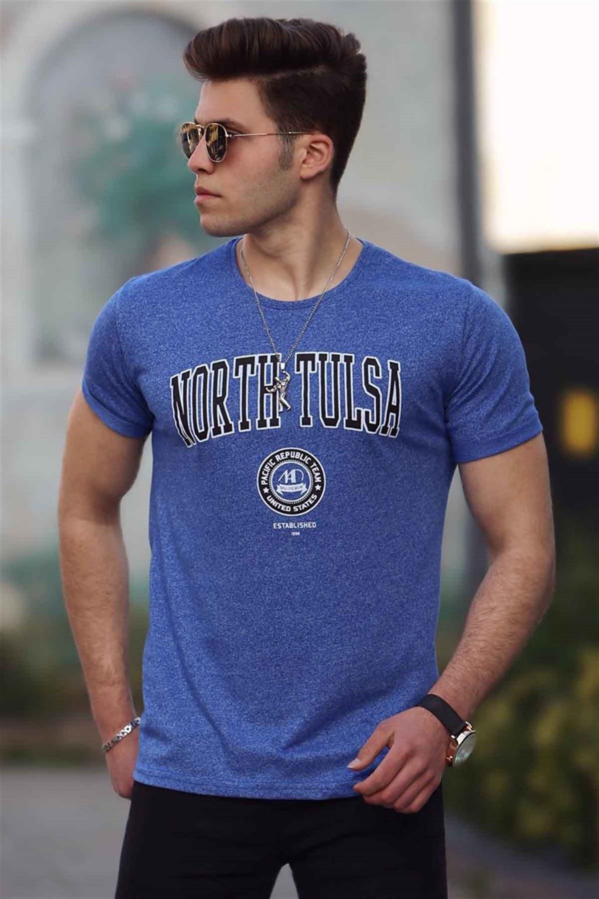 Madmext Navy Blue Printed T-shirt for Men