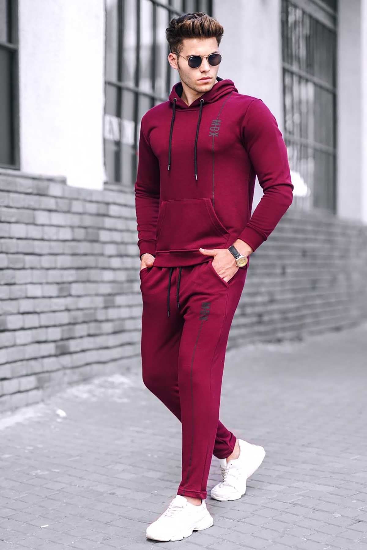 Madmext Claret Red Hooded Men Tracksuit Set 4680