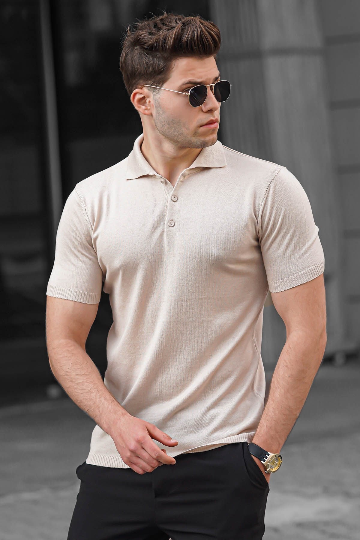 ガブリエルTTT_MSW Persia knit polo shirt Madmext Camel Knitwear Polo Shirt for Men