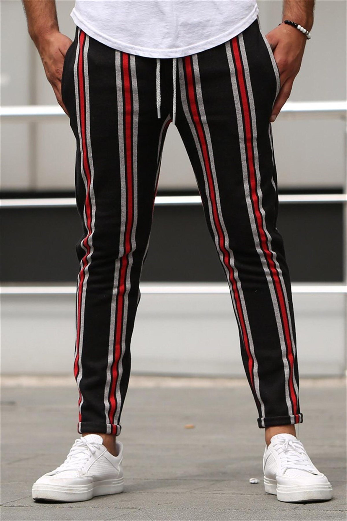 Madmext Black Claret Red Striped Sweatpants