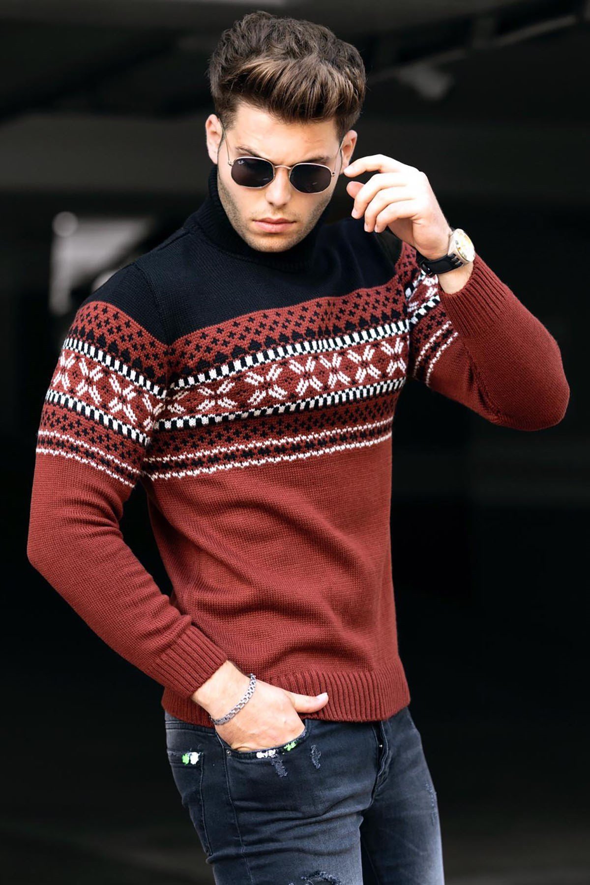 Madmext Patterned Tile Red Turtleneck Men Jumper 4730