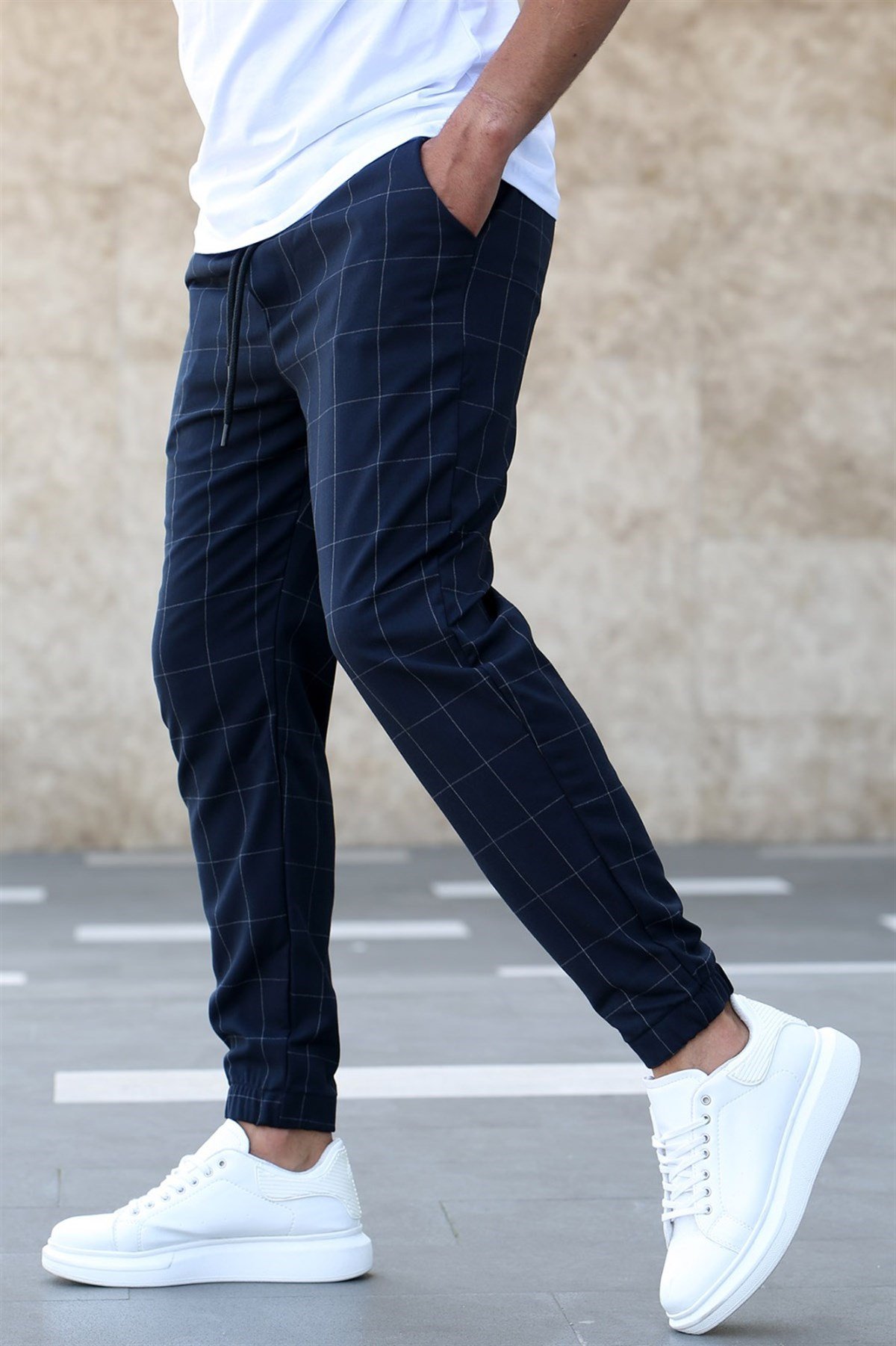 Men Navy Blue Checked Trousers Madmext