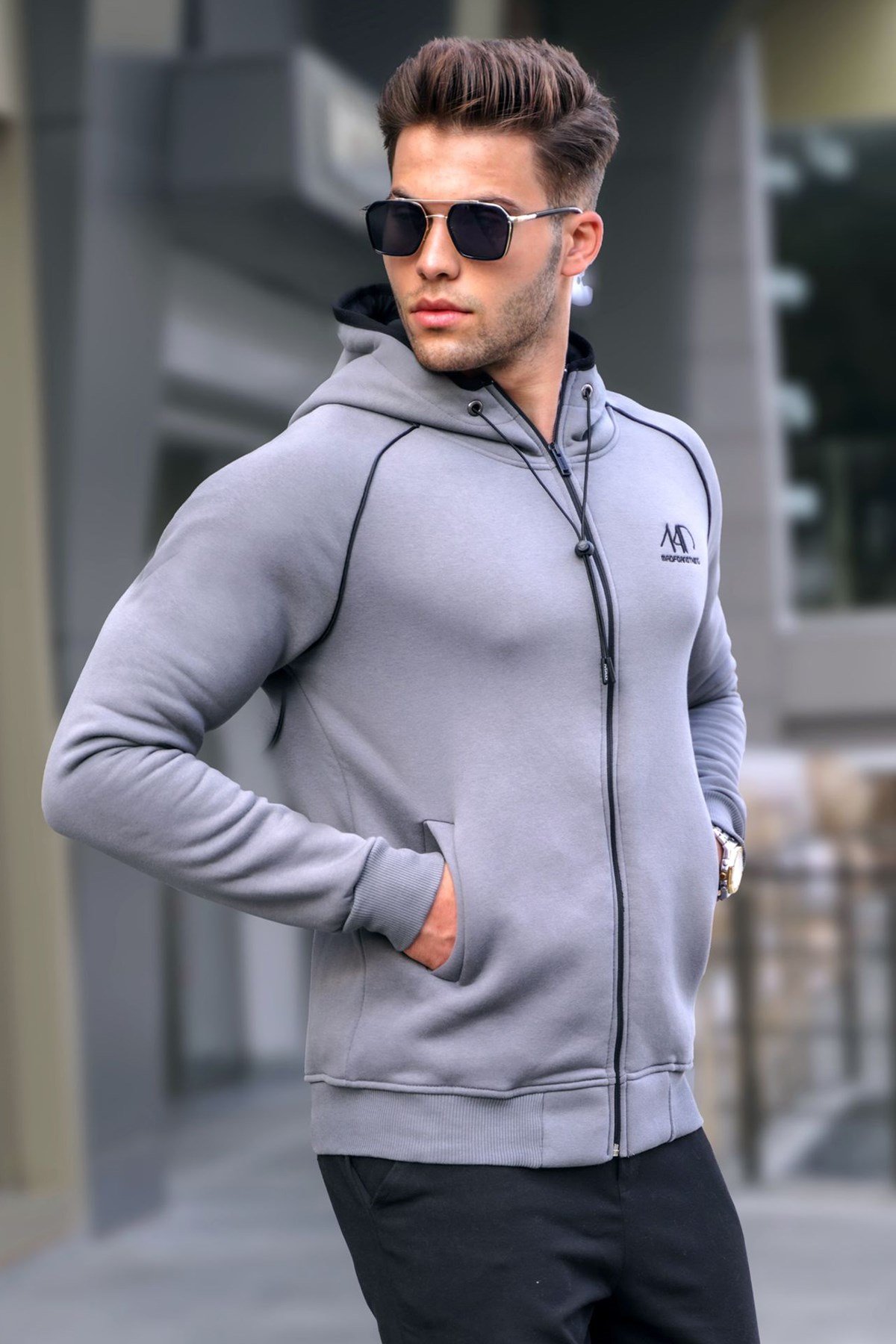 Smoke Gray Hooded Zip Down Sweatshirt Madmext