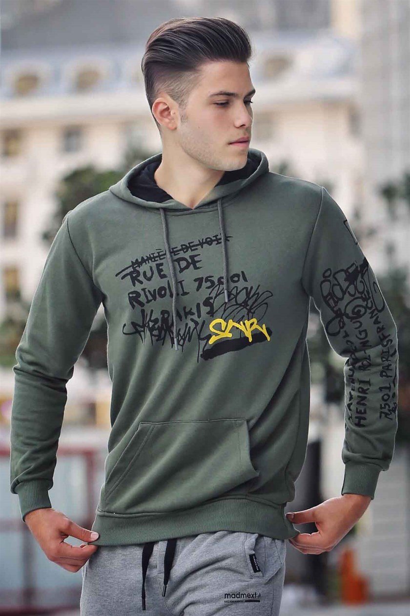 Madmext Haki Bask l Kap onlu Sweatshirt 4176