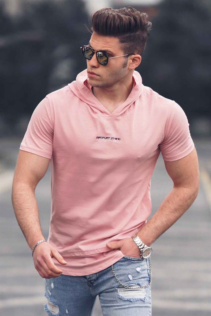 Madmext Powder Pink Colour Basic T-shirt With Hood for Men Madmext Powder Pink Colour Basic T-shirt With Hood for Men