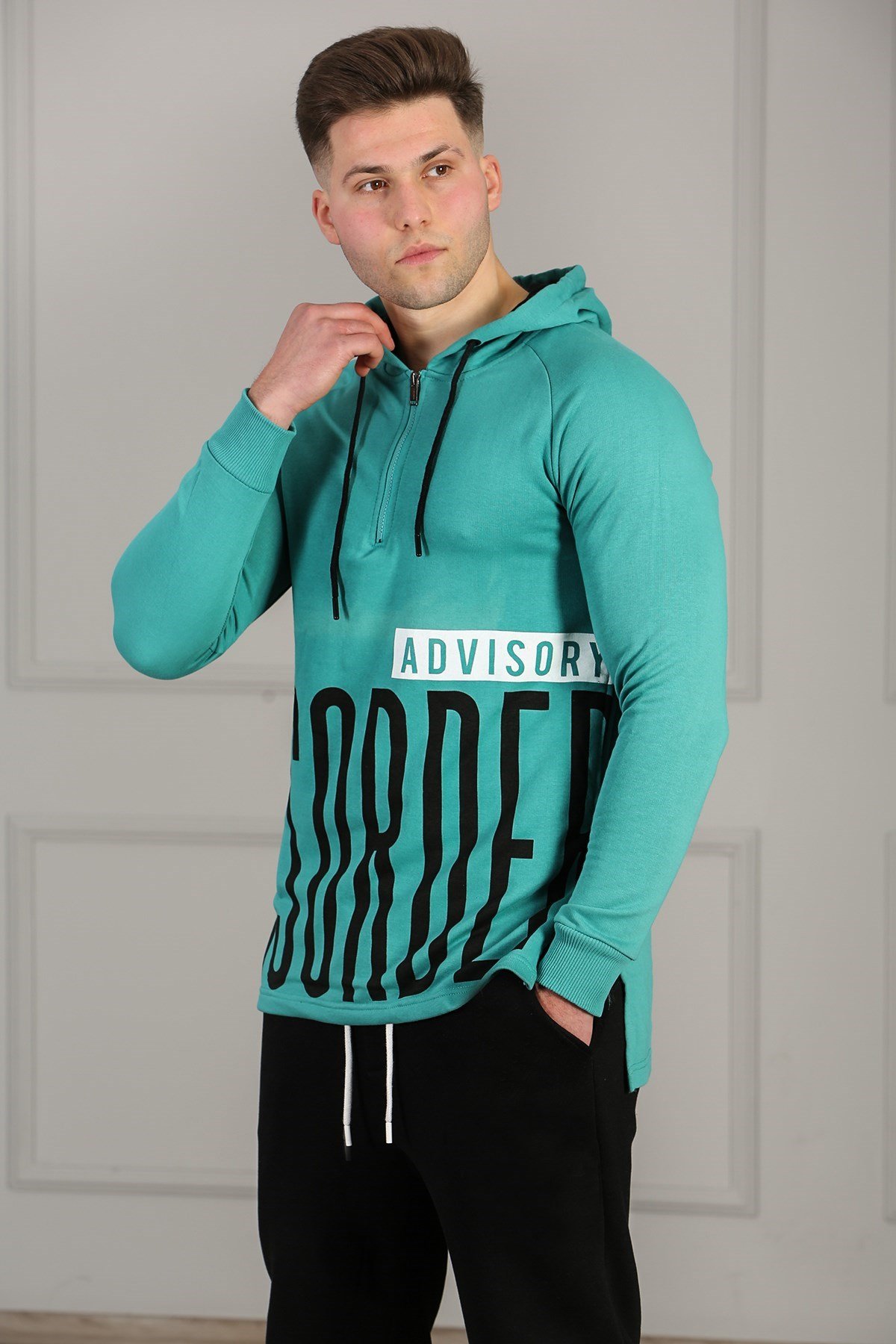 Madmext Men Printed Hoodie Turquoise Sweatshirt 2848