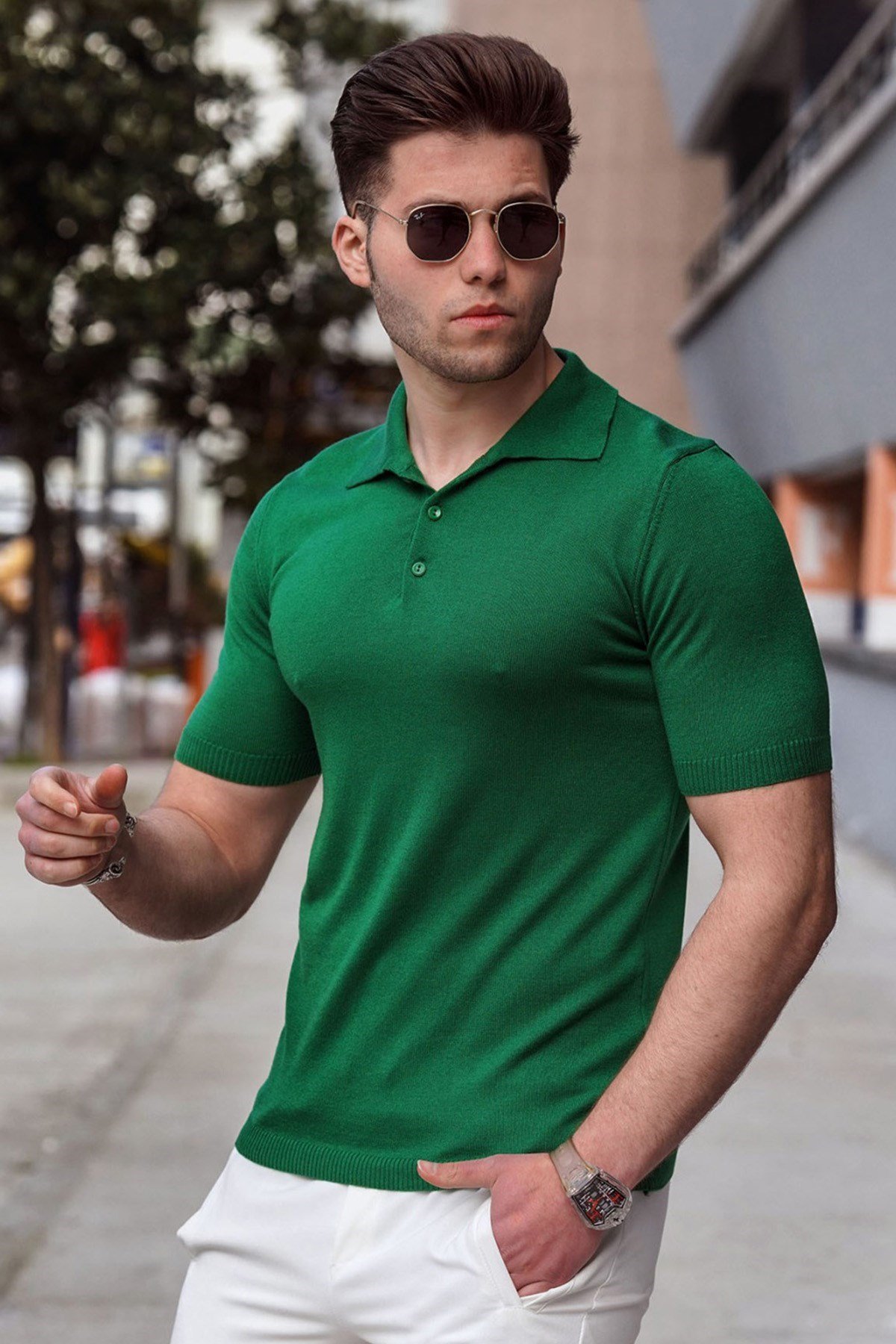 Madmext Yeşil Polo Yaka Erkek Triko Tişört
