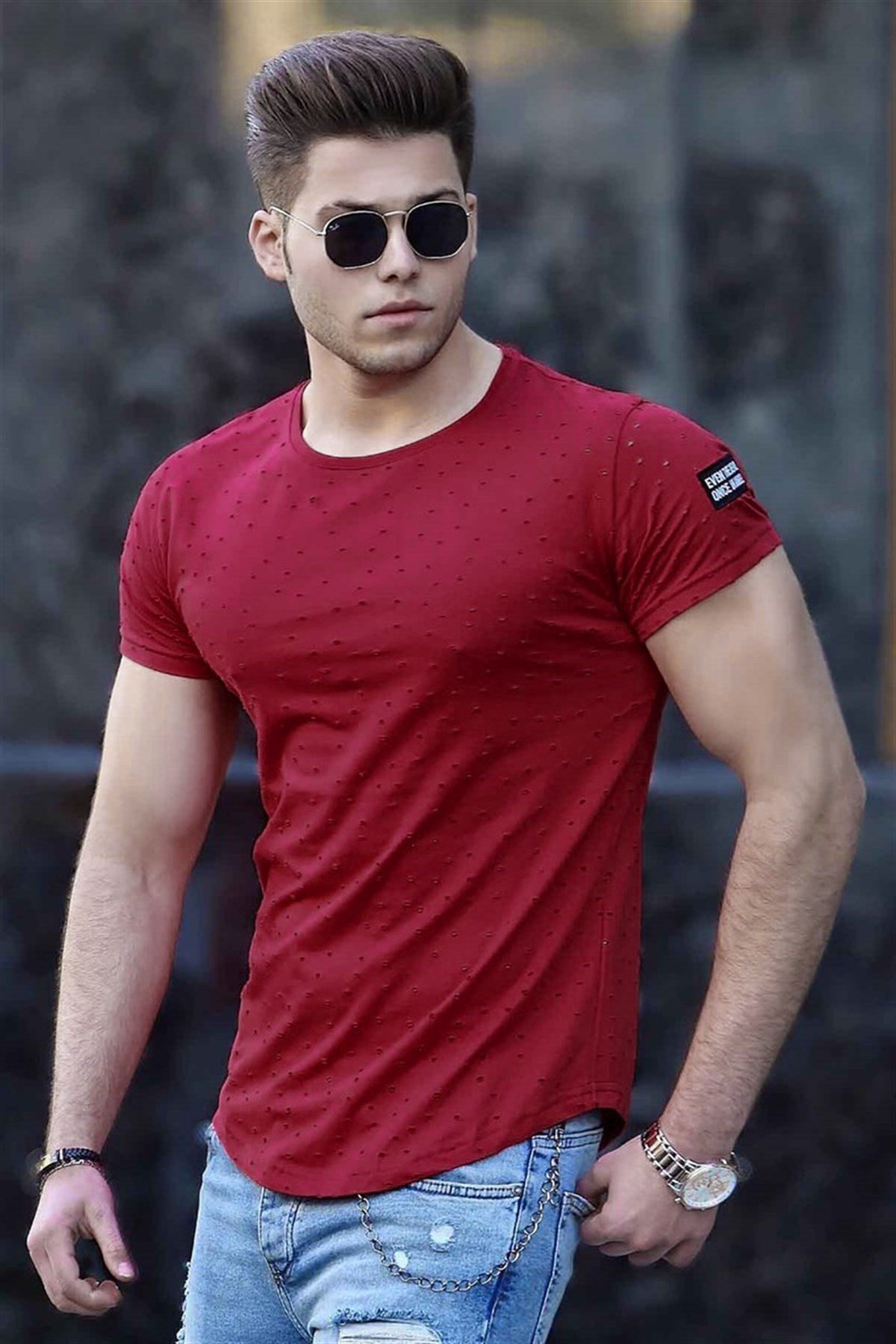 Madmext Men Ripped Maroon T-shirt 2883