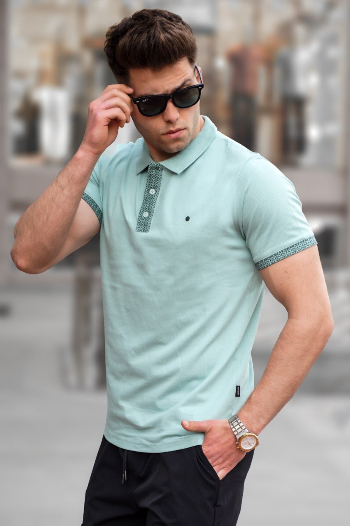 Mint Yeşili Düz Polo Yaka Erkek Tişört - Madmext