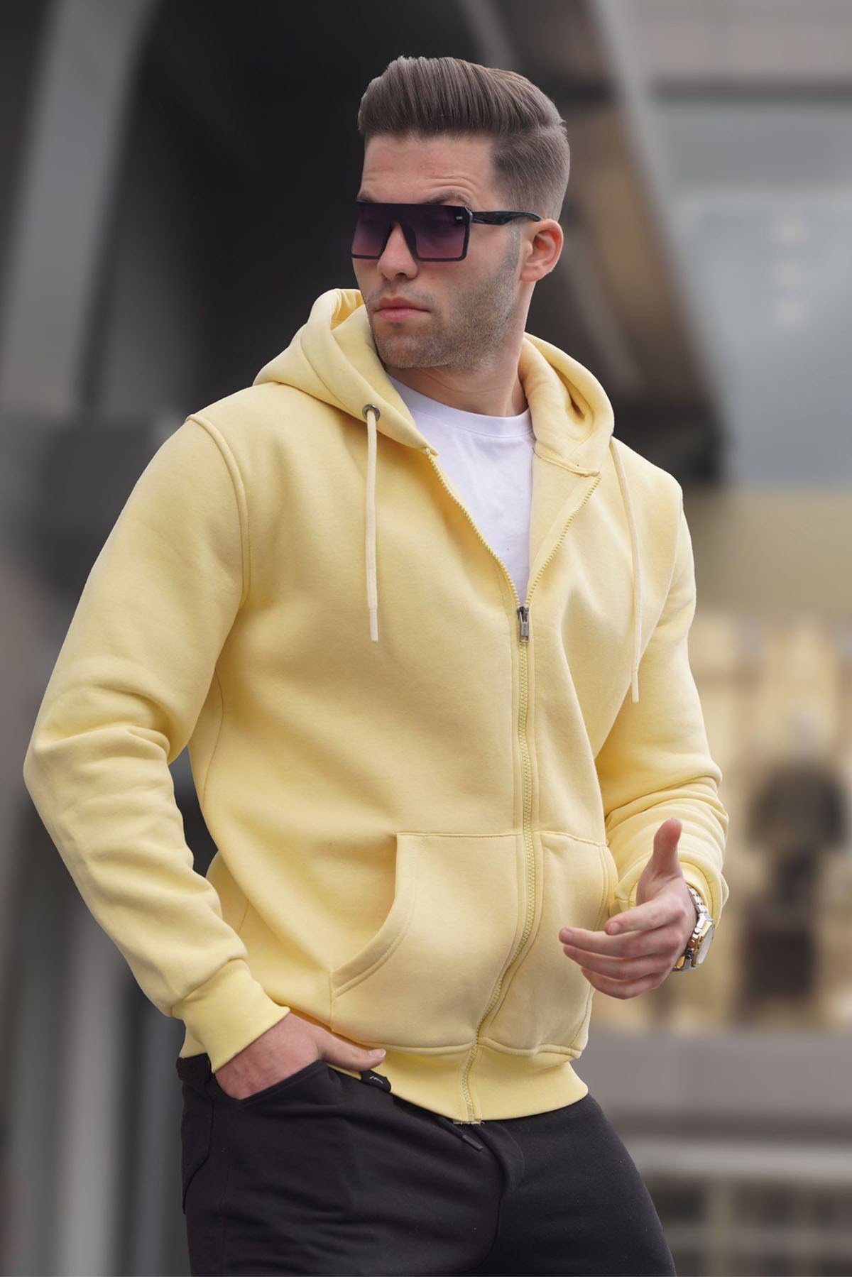 Sarı Kapüşonlu Regular Fit Erkek Sweatshirt - Madmext