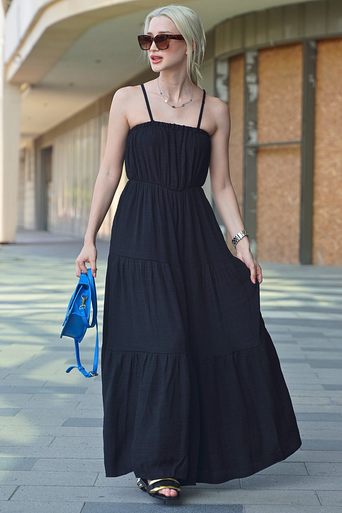 Siyah Askılı Uzun Salaş Elbise - Madmext